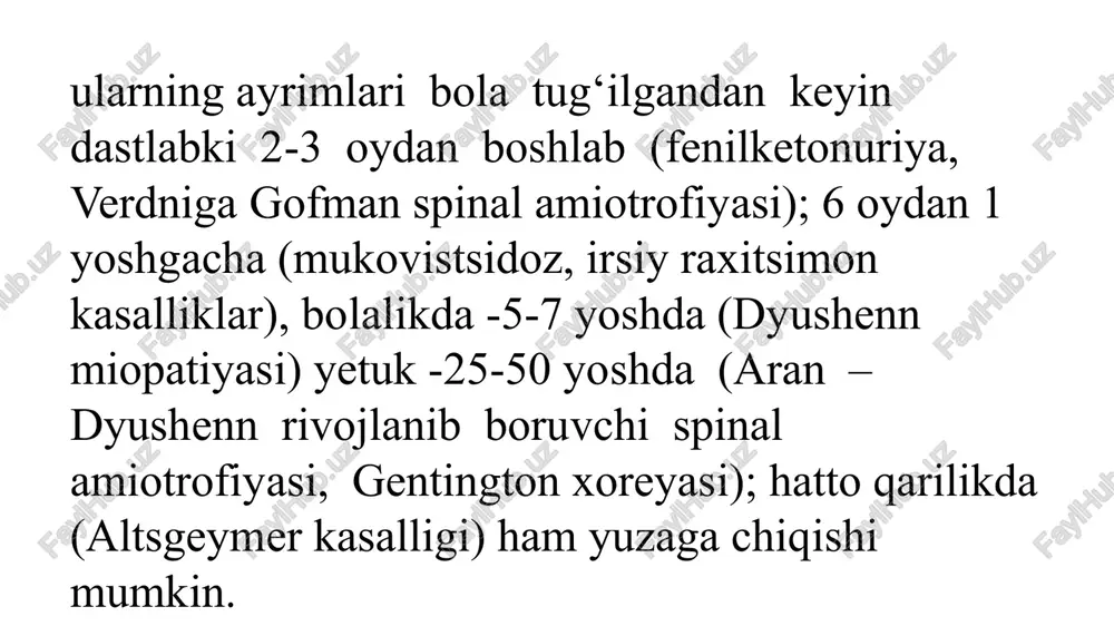 t kasalliklar (masalan, rett sindromi, incontinentia pigmenti) x-xromosomaga bog‘liq retsessiv kasalliklar (masalan, gemofiliya a va b, duchenne mushak distrofiyasi) y-xromosomaga bog‘liq kasalliklar (faqat erkaklarda uchraydi, masalan, sertoli hujayrali disgeneziya) 2. poligen (multifaktorial) kasalliklar bu kasalliklarning rivojlanishida bir nechta genlar va atrof-muhit omillari ta’sir ko‘rsatadi. ular to‘g‘ridan-to‘g‘ri mendel qonunlariga bo‘ysunmaydi. misollar: yurak-qon tomir kasalliklari (gipertoniya, yurak ishemik kasalligi) qandli diabet (i va ii tip) astma revmatizm qandli diabet, semirish neyropsixiatriya kasalliklari (shizofreniya, bipolyar buzilish) 3. xromosomal kasalliklar bu kasalliklar xromosomalar soni yoki tuzilishidagi anomaliyalarga bog‘liq bo‘ladi. ular quyidagi guruhlarga bo‘linadi: xromosomalar sonining buzilishi (trisomiya, monosomiya) daun sindromi (21-trisomiya) edvards sindromi (18-trisomiya) patau sindromi (13-trisomiya) terner sindromi (45,x) klaynfelter sindromi (47,xxy) xromosoma tuzilishining buzilishi cri-du-chat (miyovlash sindromi) – 5p delesiyasi filadelfiya xromosomasi (bcr-abl translokatsiyasi) 4. mitoxondrial kasalliklar mitoxondriyal dnkdagi mutatsiyalar tufayli kelib chiqadi va onadan bolaga o'tadi. masalan: leber optik neyropatiyasi melas sindromi (mitoxondrial ensefalopatiya, laktat atsidoz, insultga o‘xshash epizodlar) merff sindromi …