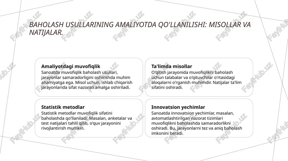 ikrlar o'qituvchilar va talabalarning fikr almashuvi baholash jarayonini yaxshilaydi. ochiq muloqot orqali muvofiqlikni ta'minlash imkoniyatlari aniqlanadi. 03 innovatsion yondashuvlar innovatsion texnologiyalar, masalan, onlayn baholash platformalari va interaktiv metodlar, muvofiqlikni oshirishda foydalaniladi, bu esa talabalar uchun qulaylik yaratadi. xulosa 1 muvofiqlik baholashining ahamiyati muvofiqlik sifatini baholash usullari, sanoat va ta'lim jarayonlarida ustuvor ahamiyatga ega bo'lib, sifatni oshirishda muhim vositadir. 2 statistik metodlar roli statistik metodlar muvofiqlik sifatini baholashda aniq va ishonchli natijalar taqdim etadi, bu esa qarorlar qabul qilishda yordam beradi. 3 innovatsion yechimlar sanoat jarayonlarida muvofiqlikni oshirish uchun innovatsion yechimlarni joriy etish, yangiliklar va samaradorlikni ta'minlaydi. foydalanilgan adabiyotlar 1. o'tkir, a. muvofiqlik sifatini baholash usullari. o'zbekiston respublikasi ta'lim vazirligi, 2022 2. saidov, b. sanoat jarayonlarida muvofiqlikni ta'minlash. o'zbekiston milliy universiteti, 2021 3. xodjaev, r. ta'lim metodologiyalarida baholash va muvofiqlik. o'zbekiston ta'lim akademiyasi, 2020 4. murodov, d. baholash metodlari: nazariy va amaliy jihatlar. o'zbekiston fanlar akademiyasi, 2023 5. qodirov, j. sanoat …