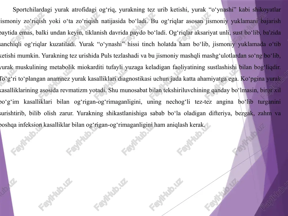 rangi o‘pka arteriyalari torayishida kuzatiladi. yurak kasalligi bilan og‘rib yurgan odamlarda ko‘pincha lab, lunj, burun, quloq supralarining ko‘karib qolgani (sianozi) va qo‘l-oyoq barmoqlarining ko‘kargani (akrosianoz) qayd qilinadiki, bu — gemoglobinning yetarlicha oksidlanmayotganini yoki qon oqimi susayib, to‘qimalarning kislorodni ortiqcha yutayotganini ko‘rsatadi. mitral klapan poroklari bilan og‘rigan bemorlarda sezilarli sianoz kuzatilsa, yurakning ba'zi tug‘ma poroklarida hammadan ko‘proq ifodalangan («cho‘yansimon») sianoz kuzatiladi. sianozdan tashqari, terining anchagina oqarib qolganligini qayd qilish mumkin, bu — yetarlicha qon otilib chiqmaydigan yurak poroklari (aorta orasining torayib qolishi)da, hamda endokarditlar munosabati bilan avj oladigan anemiyada ko‘rinadi yurak kasalligi bilan og‘rib yurgan odamlarda ba'zan terining bir oz sarg‘ish bo‘lib turganligini kayd qilish mumkin, bu — bilirubin ajratish funksiyasi buzilishi tufayli jigarda qon dimlanib qolganida ko‘proq ko‘riladi b) tomir urishiga, bo‘yin va boshqa kon tomirlar, yurak sohasida tomir urishi, hansirashga ahamiyat beriladi. qafasi yuzasidagi vena tomirlarining kengayishi, chuqur venalarda qon aylanishining yomonlashganini bildiradi. bo‘yindagi tomirlar pulsasiyasi, xususan uyqu arteriyalarida …