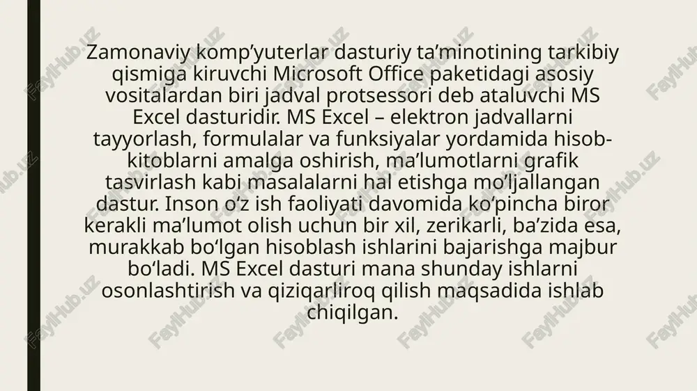 sh va sichqonchaning o‘ng tugmasini bosish va kontekstli menyuda quyidagi buyruqlarni bajarish: menyudagi «pereimenovat» (nomini o’zgartirish) buyrug‘ini tanlash va yangi nomni kiritish eslatma: yuqoridagi amallardan ixtiyoriy birini bajarib bo‘lgandan so‘ng enter tugmasini bosish kerak. shundan keyin yangi kiritilgan nom varaqlar yorlig’ida hosil bo’ladi. yangi kiritilgan nomlar uzunligi bo‘sh joy bilan birgalikda 31 ta belgigacha bo‘lishi mumkin. agarda uzun nom berilgan bo‘lsa, varaqlar yorlig‘i ham shunchalik katta bo‘lib, keyingi varaq yorliqlarining nomlari ko‘rinmay qoladi. ishchi kitobga qo‘shimcha yangi varaqlar kiritish uch yo‘l bilan amalga oshiriladi:  menyuning «vstavka» (qo‘yish) => «list» (varaq) buyruqlarini bajarish orqali;  sichqonchaning o‘ng tugmasini varaq yorlig‘i ustida bosib, kontekstli menyudagi «vstavit» (qo‘yish) buyrug‘ini tanlash orqali;  shift + f11 tugmalarini bir vaqtda bosish orqali. eslatma. yuqoridagi amallar bajarilgandan so‘ng ishchi kitobdagi yangi qo‘shimcha varaq avtomatik ravishda faollashgan varaq holatiga o‘tadi va nomi ko‘rsatilgan o‘z yorlig‘iga ega bo‘ladi. ms excel dasturida matnlar – bu harflar, raqamlar, bo‘sh …