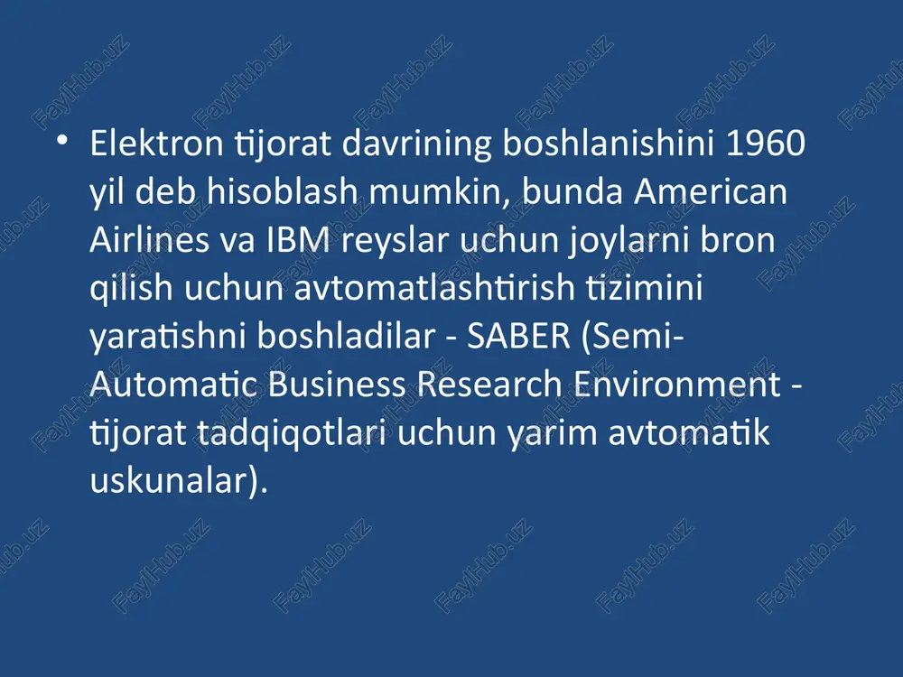 a rag'batlantirish usullarini o'ylab ko'rish; ishni boshqarishda inovatsion yo‘llar bilan yondashish. o‘zbekistonda elektron tijoratni b2b sektorini rivojlantirish uchun elektron to’lovlar amalga oshrish yo’llga qoyildi, biznes vakilariga yanada qulayliklar yaratish maqsadida. to’lov tizimi va uning turlari - elektron to’lovlar amalga oshirilayotganda to’lov tizimining sub’ektlari o’rtasida yuzaga keladigan munosabatlar majmui to’lov tizimidir. to’lov tizimining turlariga quyidagilarni kiritishimiz mumkin: banklararo to’lov tizimi; bankning ichki to’lov tizimi; chakana to’lovlar tizimlaridan iborat. e'tiboringiz uchun rahmat! image2.jpeg image3.jpeg image4.png image5.jpeg image6.jpeg image7.jpeg image8.jpeg image9.jpeg image10.jpeg image11.jpeg /docprops/thumbnail.jpeg