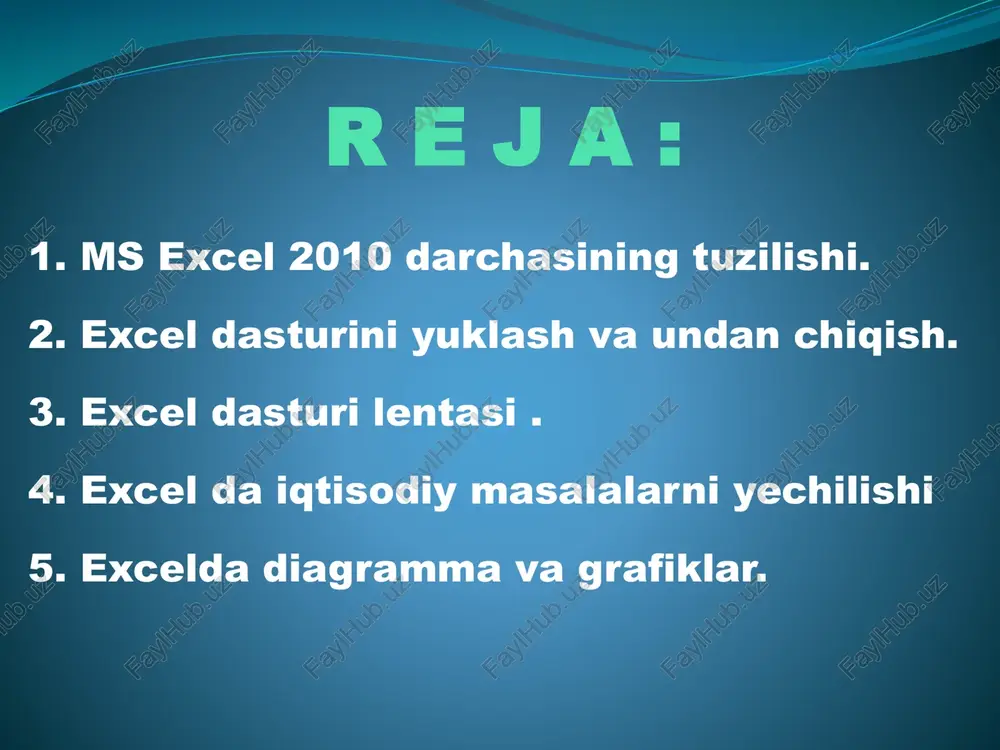 xcel yorlig’iga ko’rsatgich keltirilib yorliqning kontekstli tavsiyanomasi ochiladi va otkrit bo’limi tanlanadi; 3. agar foydalanuvchi masalalar qatoriga excelni yig’ib (svernut) qo’ygan bo’lsa, shu belgini sichqoncha orqali tanlash bilan elektron jadvalni faollashtirishi mukin; excel dasturida ishlash. xosil bo’lgan oynadan microsoft excel dasturi sichqoncha yoki enter tugmasi yordamida ishga tushiriladi. uskunalar paneli menyular satri holat satri sarlavha satri jadval maydoni formulalar satri satrlar hamda ustunlar birikmasidan yacheyka xosil bo‘ladi. yacheyka satrlar ustunlar varaq blokka olish sichqoncha yordamida amal oshiriladi va blokka olingan yacheykalar kulrang holatda ifodalanadi. formula yacheykaga kiritilayotganda “=“ tenglik belgisini qo’yish shart. formula qo’yish 24 25 yacheyka burchagidagi to’rtburchak markerni bosgan xolatda qolgan oylar bilan yacheykalar to’ldiriladi. excel dasturida chop etish uchun quyidagi xolatda ish yuritiladi. 27 excel dasturi lentasi excel dasturida ishlatiladigan barcha buyruqlar excel darchasining yuqori qismidagi sarlavha satri ostida lenta deb nomlangan ob’yektida joylashgan bo’lib, ular bajarilayotgan amalga mos ravishda avtomatik ravishda paydo bo’ladi. lentadagi buyruqlar o’z …