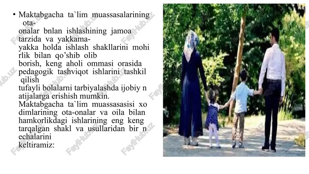 ajasini ochib berish. aloqa shakllari: 1. "pochta qutisi" sotsiologik suratlarini, so'rovlarini o'tkazish. 3. individual suhbatlar va boshqalar aloqa shakllari: 1. "pochta qutisi" sotsiologik bo'limlarini, so'rovlarini o'tkazish. 3. shaxsiy suhbatlar va boshqalar. ota -onalar bilan o'zaro munosabatlarning axborot -tahliliy shakllari ota -onalar bilan muloqotni tashkil etishning axborot -tahliliy shakllarining asosiy vazifasi - har bir o'quvchining oilasi, ota -onasining umumiy madaniy darajasi, zarur pedagogik ma'lumotlari bor -yo'qligi haqidagi ma'lumotlarni to'plash, qayta ishlash va ulardan foydalanish. bilim, oiladagi bolaga munosabat, so'rovlar, qiziqishlar, ota -onalarning psixologik va pedagogik ma'lumotlarga bo'lgan ehtiyojlari. image1.jpeg image2.jpeg image3.jpeg image4.jpeg image5.jpeg image6.jpeg image7.jpeg image8.jpeg image9.jpeg image10.jpeg image11.jpeg image12.jpeg image13.jpeg /docprops/thumbnail.jpeg