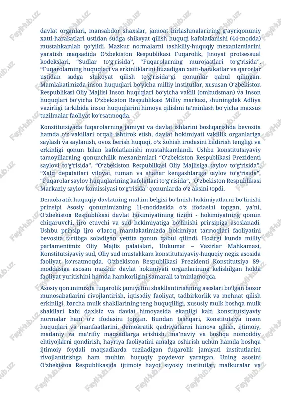 da konstitutsiyaviy sud tashkil etilishi belgilab qo‘yildi. mazkur sud qonun chiqaruvchi va ijro etuvchi hokimiyatlarning hujjatlari konstitutsiyaga qanchalik mosligiga doir ishlarni ko‘radi. bundan tashqari, 2014 yil 16 aprelda konstitutsiyamizga kiritilgan parlament va jamoatchilik nazorati institutlariga oid normalar ham asosiy qonunimizni ustunligini ta’minlashga xizmat qiladi. asosiy qomusimiz 128 moddadan iborat bo‘lgani holda uning 30 dan ortiq moddalari bevosita inson huquqlari va erkinliklariga bag‘ishlangandir. konstitutsiyamiz inson huquqlari umumjahon deklaratsiyasining deyarli barcha prinsipial qoidalarini o‘zida mujassamlantirib, barcha fuqarolarning qonun oldida tengligi, konstitutsiya va qonunlarning ustunligi ta’minlanishini qayd etadi, unga kafolatlar beradi. o‘tgan yillar davomida parlamentimiz tomonidan insonning asosiy huquq va erkinliklarini tartibga soladigan 16 ta kodeks va 400 dan ortiq qonunlar qabul qilindi. o‘zbekiston birinchi ratifikatsiya qilgan hujjat ham inson huquqlari umumjahon deklaratsiyasi bo‘ldi. istiqlol yillarida mamlakatimiz inson huquqlari bo‘yicha 70 dan ortiq asosiy hujjatga qo‘shildi, bmt tomonidan bu sohada qabul qilingan oltita asosiy xalqaro shartnoma qatnashchisiga aylandi. konstitutsiyada inson huquqi, inson erkinligining …