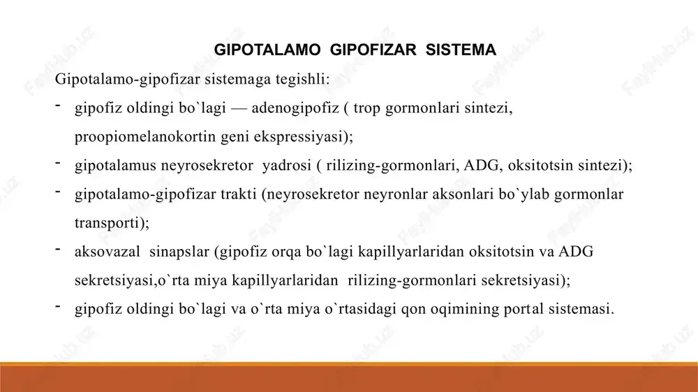 ojlanishi bola o`sishi bilan davom etadi. postnatal davrda glikemiya pasayishi va lipoliz kuchayishi bilan bog`liq stg chaqaloqlarda belgili konsentratsiyada topiladi. keyin uning konsentratsiyasi birmuncha pasayishi kuzatiladi.stg konsentratsiyasi va pubertat davr o`rtasida aniq bog`liqlik mavjud. birmuncha yuqori konsentratsiyadagi aktg chaqaloqlarda aniqlanadi, bu adaptatsiya jarayonini ta`minlaydi, keyinchalik uning konsentratsiyasi pasayadi. chaqaloqlarda ttg konsentratsiyasi bir necha marta yuqori, keyingi yosh davrlariga qaraganda. gonadotrop gormonlari konsentratsiyasi (lyuteinizirlovchi gormon va follikulostimullovchi gormon) balog`atga etish davrida oshadi (o`g`il bolalarda ham, qiz bolalarda ham). tekshirish usullari va zararlanish semiotikasi. gipotalamo-gipofizar sistemasi vazifasi buzilish belgilarini aniqlash uchun tana uzunligi va massasi, ularning dinamikada o`sishini, to`qimalar trofikasi holati, teri osti yog` klechatkasi rivojlanishi va tarqalishini, suyak yoshi, ikkilamchi jinsiy belgilar o`z vaqtida paydo bo`lishini, nevrologik status baholanadi. undan tashqari diurezni o`lchash, siydik zichligini baholash, kaliy va natriy ionlari konsentratsiyasini aniqlash, siydik va qon osmolyarligini o`lchash kerak. gipofiz holatini baholash uchun kompyuter tomografiya va magnit-rezonans tomografiyadan foydalaniladi. gipofiz va gipotalamus …