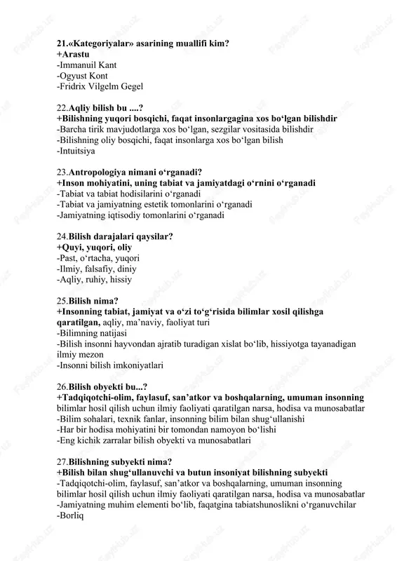 ishlab chiqarish, moddiy boyliklar, tabiiy zahiralar -kitoblar, texnika va texnologiya, internet -suv, havo, neft, gaz, oziq ovqatlar,bilim -ma’naviy tadbirlar, ma’rifiy suhbatlar, oziq ovqatlar 30.individual ong bilan ijtimoiy ongning bir-biridan farqi nimada? +individual ongning subyekti alohida shaxs bo‘lsa, ijtimoiy ongning subyekti jamiat hisoblanadi -individual ong bilan ijtimoiy ongning farqi yo‘q -individual ongning subyekti jamiyat, ijtimoiy ongning subyekti alohida shaxs -individual ongning subyekti xalq, elat, millat bo‘lsa, ijtimoiy ong subyekti alohida inson 31.in’ikos nima? +voqelikda narsa va hodisalarning inson miyasida aks etishi -voqelikda narsa va hodisalarning o‘lchovi -voqelikda narsa va hodisalarning o‘zaro aloqasi -voqelikda narsa va hodisalarning mikro va makro tuzilishi 32.qadimgi hindiston dastlabki yozma manbalari va eposliri? +vedalar, ramayana, mahabharata, kalala va dimna -tavrotda, ramayana, mahabharata -injilda, ramayana, mahabharata, kalala va dimna -avestoda, alpomishda 33.qonun bu…? +olamdagi narsa va hodisalarning muhim, zaruriy, umumiy va takrorlanib turuvchi aloqadorliklarini ifodalaydi -qonun zaruriy bog‘lanishlarni o‘rganadi -qonun aloqadorliklarni, hodisalarni o‘rganadi -narsa va hodisalarning miqdoriy tarzda …