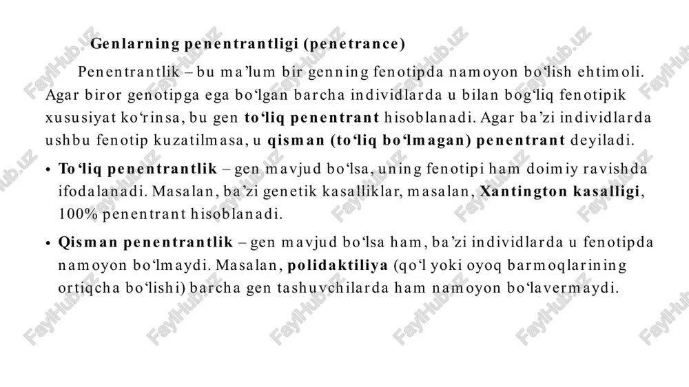 lanish quyidagi savollarga javob berishga imkon beradi. 1.o‘rganilayotgan belgi (kasallik) irsiymi yoki irsiymas ekanliga. 2.irsiylanish tipining qandayligi, belgining penetrantligi va ekspresivligi. 3.kelajak avlodning prognozi. 4.bundan tashqari bu usuldan odam populyatsiyalarida mutatsion jarayonning jadalligini o‘rganishda, tibbiy-genetik maslahatini o‘tkazishda, genlarning birikishi va o‘zaro ta`sirini tahlil qilishda va ularni kartalashtirishda ham foydalanish mumkin. autosoma-dominant (a-d) tipida irsiylanishda quyidagi xarakterli belgilar kuzatilishi mumkin: a) belgi shajara a`zolarining ko‘pchiligida, har bir avlodda, "vertikal" tipda kuzatiladi; b) ota-ona ikkovi ham belgini bolalariga bir xil o‘tkazishi mumkin; c) belgi erkaklarda va ayollarda bir xil uchraydi; d) agar belgi kam uchraydigan bo‘lsa, avlodning taxminan 50% da kuzatilishi mumkin; e) kasal ota-onalardan sog‘ bolalar tug‘iladi; f) kasallik gomozigotalarda og‘irroq kechadi yoki letal bo‘ladi. bunday irsiylanish tipiga marfan sindromi, axondroplaziya, elers-danlo sindromining 1, 2, 3, 4, 7,8 tiplari misol bo‘ladi. autosoma- retsessiv (a-r) irsiylanish tipining (9-rasm ) xarakterli belgilari: a) kasallarning soni shajarada kam bo‘ladi; b) belgilar "gorizontal" tipda irsiylanadi. …