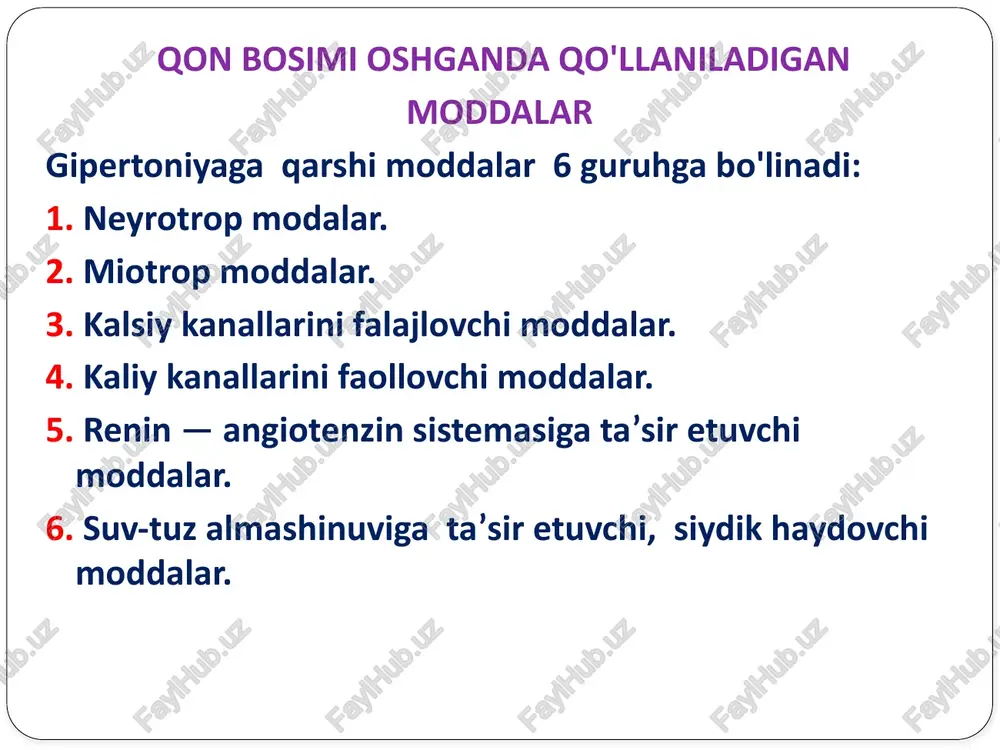 aylanmay qoladi, shu tufayli qon tomirlardagi angiotenzin ii retseptorlarining faolligi yo'qolib, ular kengayadi. vi. suv - tuz almashinuviga ta'sir etuvchi moddalar ma’lumki, gipertoniya kasalligida hujayralarda natriy ionlari hajmi oshib ketadi, shuning uchun bunday bemorlarni davolashda siydik haydovchi moddalar qo'llaniladi, moddalar natriy, xlor ionlarini, suyuqlikning qayta so'rilishiga to'sqinlik qiladi, ular organizmdan chiqariladi, qon bosimini pasaytiradi. diuretik moddalar organizmdan tuzni chiqargani uchun saluretik moddalar deb ataladi. qon bosimini tushirish uchun saluretiklardan ko'pincha gipotiazid, furosemid, etakrin kislota, spironolakton qo'llaniladi. qon bosim pasayganda qo'llaniladigan moddalar qon bosimining keskin ravishda pasayib ketishi natijasida shok, kollaps ro‘y berishi hamda surunkali gipotonik holat bo'lishi mumkin. qon bosimining keskin tushib ketishi xavfli bo'lib, tez tibbiy yordam berishni talab qiladi. tomirlar kollapsini davolashda yurakdan chiqadigan qonning hajmini oshiradigan hamda pressor ta’sir etuvchi moddalar qo'llaniladi. chetda joylashgan qon tomirlar qarshiligini asosan adrenomimetik noradrenalin oshiradi. modda tomirlarda joylashgan alfa - adrenoretseptorlarni qo'zg'atib, ularning qarshiligini oshiradi, yurakdagi betta1- adrenoretseptorlarni qo'zg'atib, yurak faoliyatini, …