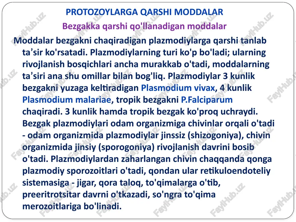 (erkak) qarshi ta’sir ko'rsatadi. xinotsid, bigumal va xloridin plazmodiylarning rivojlanishini, ko'payishini (gamontostatik) to'xtatadi. gamontatsid ta’sir etuvchi moddalar (primaxin) gamontalarni odam organizmida nobud qiladi. gamontostatik moddalar gamontalarni jarohatlab, ularning qo'shilishiga - sporogoniyaga to'sqinlik qiladi, shu tufayli chivin bezgak plazmodiylarini tarqatmaydi, moddalar ommaviy profilaktika uchun qo'llanadi. bigumal og‘iz orqali yuboriladi, qonga sekin so'riladi, qonda sikloguaninga aylanib, plazmodiylarning gemoglobindan foydalanishiga to'sqinlik qiladi, organizmdan tez chiqib ketadi. plazmodiylar bu moddaga tez o'rganadi, uni bemorlar yaxshi ko'taradi, ba’zan qonda leykotsitlarning ko'payishi, siydikda eritrotsitlarning paydo bo'lishi kuzatiladi. amyobiazga qarshi qo'llaniladigan moddalar amyobali dizenteriya ichak, ichak devori, jigar, o'pka va boshqa a’zolarni jarohatlab, abssesslar paydo qilishi mumkin. amyobalarga qarshi moddalar ularning qayerda joylashganiga qarab qo'llanadi. ichak orasidagi parazitlarga qarshi qonga yaxshi so'rilmaydigan moddalar, ichak devorida va boshqa a’zolardagi amyobalarga ichakdan qonga yaxshi so'riladigan va a’zolar, to'qimalarda bir tekis taqsimlanadigan moddalar qo'llanadi, ular parazitlarda uglevod va oqsil almashinuvini izdan chiqarib, o'sishi, rivojlanishi, ko'payishiga to'sqinlik qiladi. metronidazol sodda jonivorlarga …