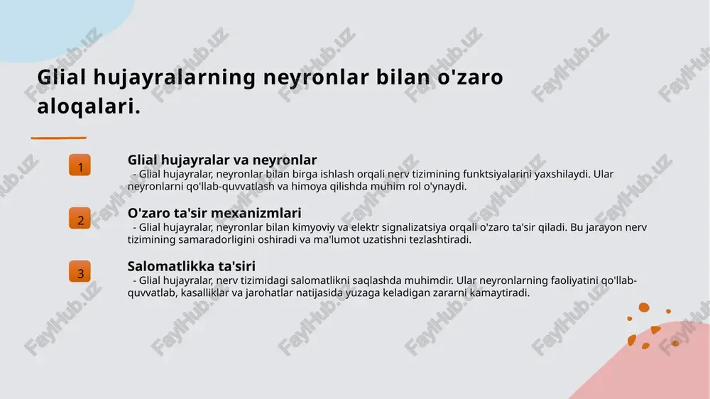 ga. glial hujayralar va neyronlar o'rtasidagi o'zaro ta'sir. 1 glial hujayralar va neyronlar o'rtasidagi aloqalar - glial hujayralar va neyronlar o'rtasidagi aloqalar, neyronlar uchun oziqlantirish va qo'llab-quvvatlashni ta'minlaydi, shu bilan birga ularning faoliyatini tartibga soladi. 2 o'zaro ta'sir mexanizmlari - glial hujayralar, neyronlar bilan kimyoviy va elektr aloqalar orqali o'zaro ta'sir qiladi, bu esa nerv tizimining samarali ishlashini ta'minlaydi. 3 glial hujayralarning roli - glial hujayralar, neyronlar o'rtasidagi signal o'tkazishni kuchaytiradi, shuningdek, zararlanishlar va infeksiyalarni oldini olishda muhim rol o'ynaydi. xulosa 1 glial hujayralar roli - glial hujayralar nerv tizimida muhim qo'llab-quvvatlovchilardir, neyronlarni himoya qilish va ularning funksiyalarini yaxshilashda asosiy rol o'ynaydi. 2 o'zaro ta'sirlar - glial hujayralar va neyronlar o'rtasidagi o'zaro ta'sirlar, nerv tizimining sog'lig'i va rivojlanishi uchun zarurdir, bu jarayonlar murakkab va dinamikdir. 3 salomatlikdagi ahamiyati - glial hujayralarning salomatlikdagi ahamiyati, nevrologik kasalliklar va boshqa sog'liq muammolarining oldini olishda muhim ahamiyatga ega, shuning uchun ularni o'rganish zarur. foydalanilgan …