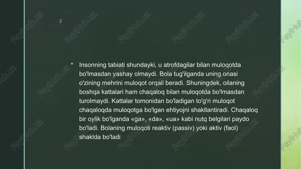 i bola harakatlarini to'xtashiga olib keladi. 3 yoshga to'lganda bola kattalar bilan nutq orqali munosabatlarga bemalol kirisha oladi. bu yoshdagi bolalar hamma kiyimini o'zi kiyishga harakat qiladi. o'z ehtiyojlarini so'zlar orqali bayon qila oladi. nutqni to'la egallaydi. bola kattalaming ko'rsatmasiga binoan hatti-harakatlarini to'g'ri yo'naltirishga o'rganadi. u kattalaming o'zaro muloqotini diqqat bilan tinglaydi, tushunishga harakat qiladi. bu davrda bolalar ertak, hikoya, she’rlami eshitishni juda yaxshi ko'radi. bu — bolaning tashqi olamni bilishiga katta ta’sir ko'rsatadi. 1,5 yoshli bolalar 30—40 so'zdan 100 gacha bo'lgan so'zlami egallaydi, xalos. 2 yoshdan so'ng bolalar kattalarga juda ko'p savollar bilan murojaat qiladilar. «bu nima?», «nimaga bunaqa?» kabi savollar bolaning nutqi o'sayotganidan dalolat beradi. 2 yoshning oxirigacha bola 300 ta so'zni o'rganadi. 3 yoshning oxiriga borib, 500 dan —1500 gacha so'zni bilib oladi. lekin bu yoshdagi ayrim bolalar nutqi avtonom bo'ladi, ular nonni «nanna», suvni «umma» kabi iboralar bilan ataydi. asta-sekin kattalar bolalar bilan to'g'ri muloqotda bo'lsalar, …
