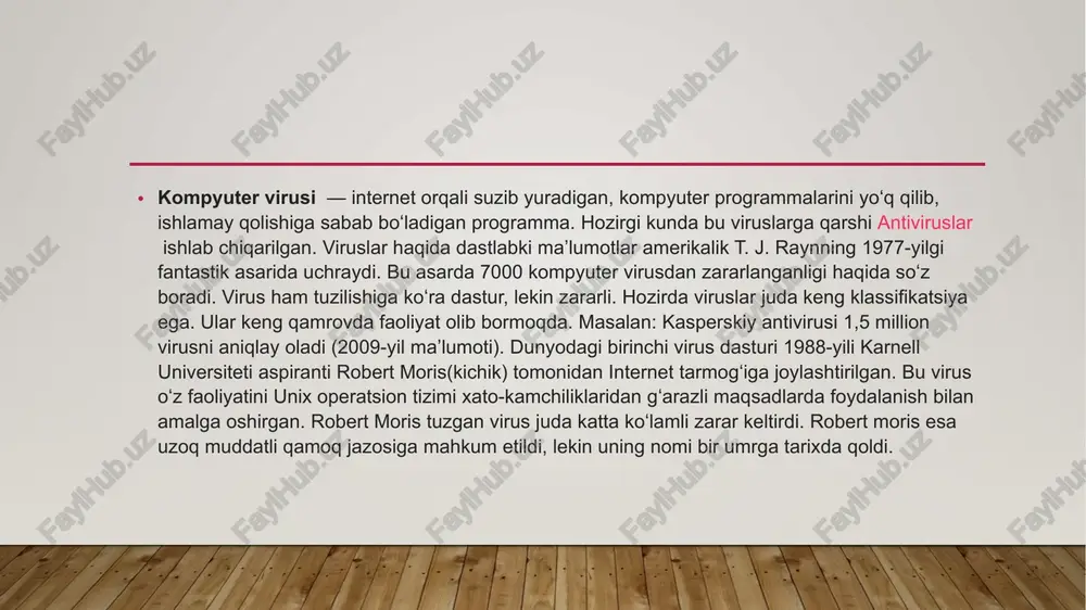 rlangan deb hisoblanib, virus tomonidan o'zgartirilmaydi. faqatgina ma'lum viruslarga nisbatan vaqtincha qilinishi uning kamchiligi hisoblanadi. shu bois ham, ushbu antivirus dasturlari keng tarqalmagan(anti trojan elite, trojan remover, dr.web cureit). privivka — fayllarda huddi virus zararlagandek iz qoldiradi. buning natijasida viruslar «privivka qilingan» faylga yopishmaydi. viruslar zararlagan fayllarga metka qo'yadi va keyingi safar bu faylni zararlamaydi, privivka antiviruslari esa oldindan zararlangan degan metka qo'yib qo'yadi va shu orqali faylni zararlashdan saqlaydi. filtrlar — qo'riqlovchi dasturlar ko'rinishida bo'lib, rezident holatda ishlab turadi va viruslarga xos jarayonlar bajarilganda, bu haqda foydalanuvchiga xabar beradi(outpost security suite, agnitum outpost firewall). filtr dasturlar kompyuter ishlash jarayonida viruslarga xos bo'lgan shubhali harakatlarni topish uchun ishlatiladi. xulosa yangi viruslarning to'xtovsiz paydo bo'lib turishini hisobga olib, antivirus bazalarini doimiy ravishda yangilab turish lozim, undan tashqari antivirus dasturlarini yangi versiyalarini chiqishini ham kuzatib borish kerak va kompyuter(protsessor, operativ xotira, operatsion tizim)ga mos keladiganlarini aniqlab dasturni yangilab borish shart. image2.png image3.png …