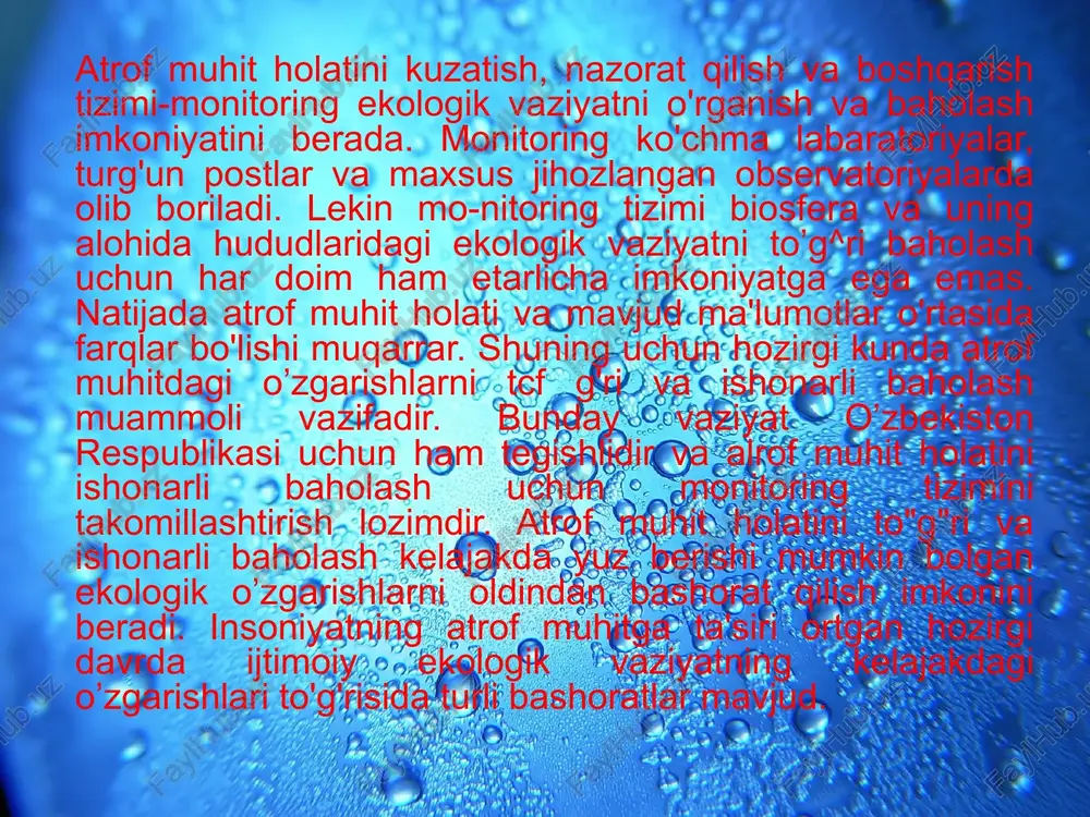 kologik axborot tizimi yaxshi shakillanmagan. bu muammolar yaqin yillar ichida ijobiy hal qilinishi lozim. xxi asr-ekologiya asri bo’lishi shubhasizdir. xar bir inson ona sayyoramiz tabiatni ziyon yetkazmasdan o’zgartirishi, tabiiy boyliklardan oqilona foydalanish va yashash muhitini saqlashdek muqaddas ishga o’zining munosib hissasini qo’shishi lozimdir. yurtimizda jismonan yosh avlodning dunyoga kelishi va rivojlanishi uchun barcha zarur sharoitlar yaratilmoqda. sog’lom turmush tarzini shakllantirishni toza atrof muhitsiz, boshqacha qilib aytganda ekologik xavfsiz tabiiy muhitsiz bir yoqlama tasavvur etib bo’lmaydi. sog’lom turmush tarzi hamda atrof muhit bir-biri bilan o’zaro chambarchas bog’langandir. sog’lom atrof muhit, tabiiy muhitning toza va musaffoligi bolalarning sog’lom va yetuk voyaga yetishining asosiy omillaridan biridir. ekologik muammo taraqqiyot, xavfsizlik, aholining turmushi va bevosita odamlar hayotining davomiyligiga ta’sir ko’rsatib, ayniqsa aholining eng yosh qismi bo’lgan bolalar hayotiga katta xavf soladi. sir emaski, ifloslangan, zaharlangan atrof-muhit birinchi navbatda hali yosh, endi rivojlanib shakllanib borayotgan organizmga katta ta’sir ko’rsatadi, uning fiziologik va ruhiy rivojlanish holatiga …