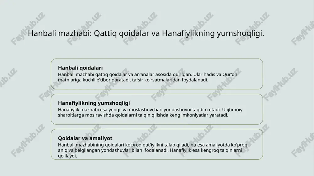 k mazhabi tolerantlikni yuqori qadrlaydi, bu esa turli e'tiqodlarga hurmat bilan yondashishga va ijtimoiy barqarorlikka olib keladi, muhim hisoblanadi. mazhablar va ijtimoiy omillar islomiy mazhablar tarixiy va ijtimoiy omillar ta'sirida rivojlanadi, bu esa ularning o'zaro aloqalarini va dinning xilma-xilligini ta'minlaydi, ahamiyatlidir. foydalanilgan adabiyotlar 1. abdullayev, m. islomda mazhablar tarixi. o'zbekiston milliy universiteti, 2021 2. hoshimov, s. hanafi va hanbali mazhablarining farqlari. musulmonlar ilmiy markazi, 2020 3. nazarov, r. hanafiylik va uning bag'rikengligi. o'zbekiston islom universiteti, 2019 4. toshmatov, a. islomda mazhablarning paydo bo'lishi va tarixi. o'zbekiston fanlar akademiyasi, 2022 5. yuldashev, f. hanafiylik: asoslar va amaliyot. o'zbekiston respublikasi al-azhar markazi, 2023 e'tiboringiz uchun rahmat! /docprops/thumbnail.jpeg