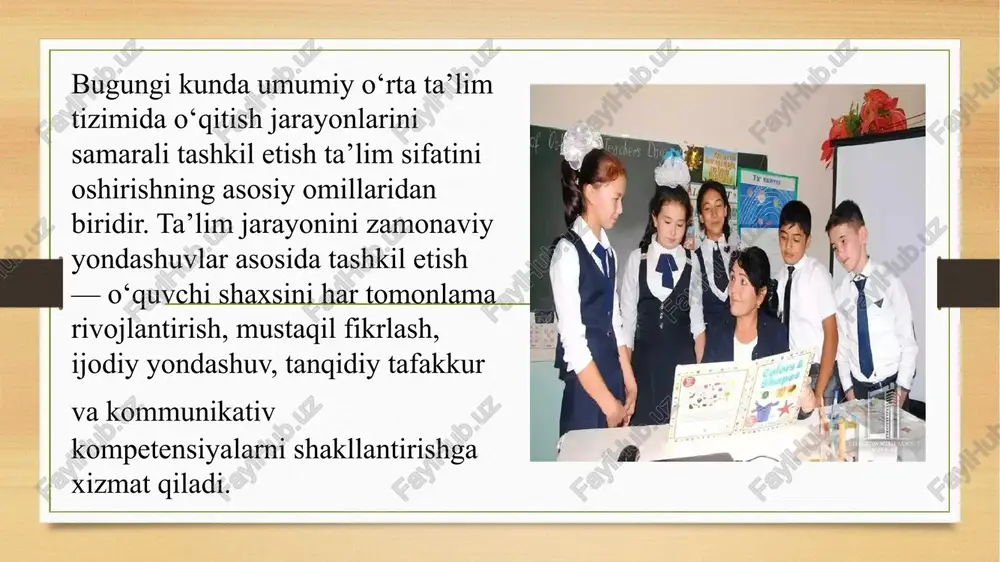 standartlarga muvofiq o'qituvchilarni tayyorlash, qayta tayyorlash va ularning malakasini muntazam oshirib borish tizimini yaratish. raqamlashtirishni kuchaytirish: maktablarni internet, kompyuterlar va zamonaviy o'quv platformalari bilan to'liq ta'minlash, raqamli ta'lim vositalarini keng qo'llash. iqtisodiyot talablariga moslashtirish: maktab bitiruvchilarini kelajakda samarali ish topishlari uchun iqtisodiyotning talablariga moslashtirilgan kasbiy yo'nalishlarni taklif etish. o’quvchilarning interaktiv qobiliyatlarini rivojlantirishda zamonaviy yondashuvlarning roli. 1 interaktiv qobiliyatlar - zamonaviy ta’limda o’quvchilarning interaktiv qobiliyatlarini rivojlantirish uchun texnologiyalar va metodlar muhim. bu, ularning fikrlash va muammo yechish ko‘nikmalarini mustahkamlashga yordam beradi. 2 texnologik vositalar - raqamli texnologiyalar interaktiv o‘quv jarayonlarini tashkil etishda muhim rol o‘ynaydi. ta’limda virtual sinflar, ta’lim ilovalari va onlayn platformalar samaradorlikni oshiradi. 3 innovatsion metodlar - kreativ va interaktiv metodlar ta’lim jarayonini qiziqarli va samarali qiladi. o‘quvchilar mustaqil fikrlash, muammoni hal qilish va hamkorlik ko‘nikmalarini rivojlantiradi. axborot-kommunikatsiya texnologiyalariga (akt) asoslangan yondashuv zamonaviy ta’lim jarayonida aktdan foydalanish o‘qitish samaradorligini oshiradi. elektron darsliklar, multimediali vositalar, onlayn platformalar (edumarket, ziyonet, khan …