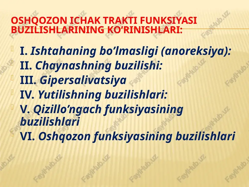 q solak bezlari naychasida tosh hosil bolganda kuzatiladi. so’lak sekretsiyasining markaziy tormozlanishi juda kuchli hissiyotlar (qo‘rqish, hayajonlanish), og‘riq chaqiruvchi qitiqlanish, parasimpatik inrervatsiyani to‘xtatuvchi moddalar ta’sirida yuzaga kelishi mumkin. so’lak sekretsiyasining kamayishi infeksion lixoradka jarayonida, qandli diabet, kalla suyagi asosi travmasida, shegren sindromida (autoimmun kasallik, unda so ia k va ko‘z yoshi bezlari shikastlanadi) ovqat hazm qilish kanali kasalliklari rivojlanishi og’riq bilan kechadi.hazm qilish a’zolari shikastlanishida og’riqni kelib chiqish mexanizmilari quyidagicha: a)spastik mexanizm.hazm qilish kanalini turli qismlarini silliq muskulaturasi spazmi bilan bog’liq og’riqlar.kavak a’zolarning devoridan o’tayotgan tomirlarni qisilishi natijasida kelib chiqadigan ishemiya xam,og’riq sabab bo’lishi mumkin. b)gipotonik mexanizm.silliq muskullar tonusi pasaygan paytda (gipotoniya),ichidagi mahsulot bilan kavak a’zolari devorini kengayishi natijasida og’riq kelib chiqadi (me’da,ichaklar,o’t pufagi). v) asab oxirlariga biologik faol moddalarning ta’siri (gistamin,serotonin,kininlar,prostaglandinlar) iv. yutilishning buzilishlari: 1. tilning parez va falajlari 2. anginalar 3. yutinish mushaklarining spazmi (qoqshol, quturish, isteriyalarda) 4. ruhiy o’zgarishlarda (katotoniyalarda) 5. mehanik to’siqlar: o’smalar, chandiqlar yutinishning buzilishining …