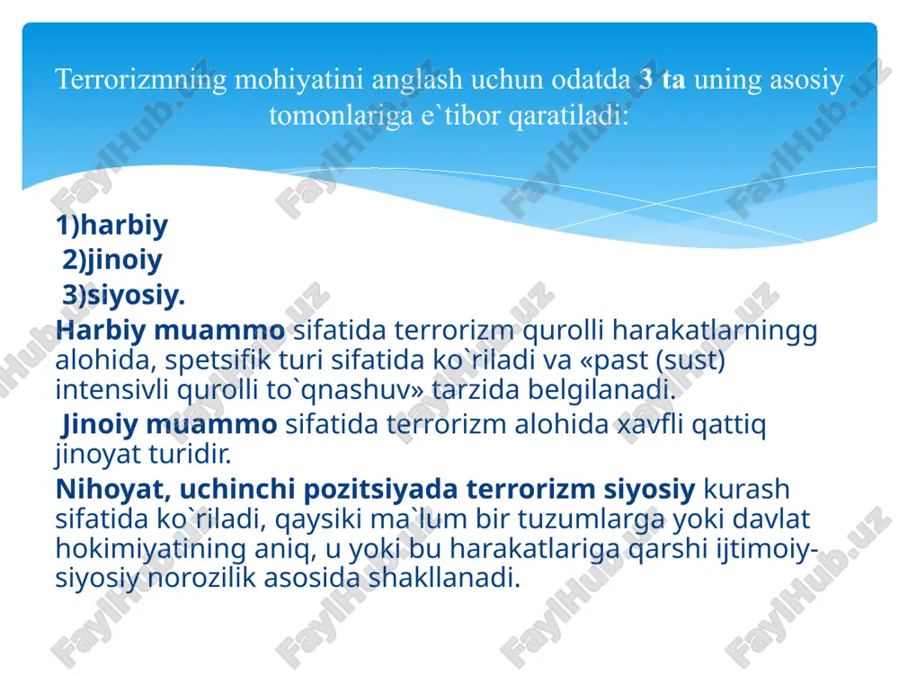 da singdirish, ularni barqarorligini, uyushqoqligini ta’minlashdan iborat. tergov idoralari tomonidan aniqlanishicha mustaqillik yillarida o’zbekistondan 10 dan ortiq siyosiy-diniy ekstremistik oqimlar va harakatlar noqonuniy ravishda faoliyat ko’rsatgan. jumladan: “hizb ut-tahrir”, “akromiylar”, “tablih”, “uzun soqol”, “vahhobiylar”, “adolat” uyushmasi, “islom lashkarlari”, “tavba”, “nur”. ularning ba’zilari to’g’risida tergov idoralarida mavjud bo’lgan ma’lumotlarga suyanib qisqacha to’xtalib o’tamiz. “akromiylar” guruhi 50-yillarda farg’ona vodiysida vujudga kelgan. oqim tashkilotchisining nomi “mulla akrom” nomi bilan bog’liq, ularning g’oyasi allohni tan olish, payg’ambarni, ota-onani, har qanday davlat boshqaruvini rad etib faqat oqim sardoriga itoat qilish. qirg‘in qurollar – deganda juda kata miqyosda vayronagarchilik va yo‘q qilish uchun mo‘ljallangan qurollar tushuniladi. bunday qurollar qatoriga yadroviy, kimyoviy, biologik, nurli va boshqa qurollar kiradi. qirg‘in qurollar nafaqat insoniyatni, balki atrof-muhitni, inshoatlarni, kiyim- kechaklarni, moddiy boyliklarni shikastlantiradi. bunda albatta, zararlanish darajasi, qirg‘in qurollarning turiga, xususiyatlariga bog‘liq. jumladan, yadroviy qurollar tirik mavjudotlarni ham, jamiki inshootlar, texnikalarni qattiq shikastlantiradi. kimyoviy qurollar- ta’sir etgan jamiki mavjudotlar, narsalar …