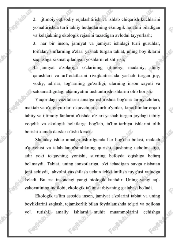 a'lim-tarbiyaga nisbatan chidam, bartosh, toqat ko'nikmalar hosil qilib, ularga atrof-muhitga oid ta'lim beradigan qisqa va ko'p yillik kurslarni tashkil qilish shart; 4. ekologik ta'lim-tarbiya olgan kishilar o'zlari yashab turgan joylarning ekologik holatidan xabardor bo'lishlari, yoshlarga o'rgatishlari, tabiatda biror-bir ekologik o'zgarish sodir bo'lsa, kerakli tashkilotlarga xabar berish yo'llarini bilishlari kerak. 4. ekologik ta'lim-tarbiyani o'quv muaassalarida olib borish. ekologik ta'lim-tarbiyani bog'chalar va maktablarda olib borish yo'llari. tabiat, uning go'zalligi va tabiiy boyliklarni saqlash borasidagi ishlarni oila, bog'cha bolalari va maktab o'quvchilari orasida olib borishdan boshlab, yosh va o'sib kelayotgan avlodni atrof muhit, undagi o'simlik, hayvon, suv va tuproqqa mehr-shafqatli, ularni asraydigan, boyitadigan jonkuyar qilib tarbiyalash kerak. 1. shu maqsadlarga erishish uchun bog'cha bolalarini maxsus «ekologik ta'lim-tarbiya metodikasi», «tabiat bilan tanishish» kabi dasturlar asosida tarbiyalash hamda turli o'yinlar vositasi bilan tabiatga oid ekologik ta'lim elementlarini bolalar ongiga singdirish kerak; 2. bolalarda tabiatga nisbatan mehr-muxabbat uyg'otish borasida olib boriladigan ishlar maxsus metodik qo'llanmalar, tavsiyalar, …