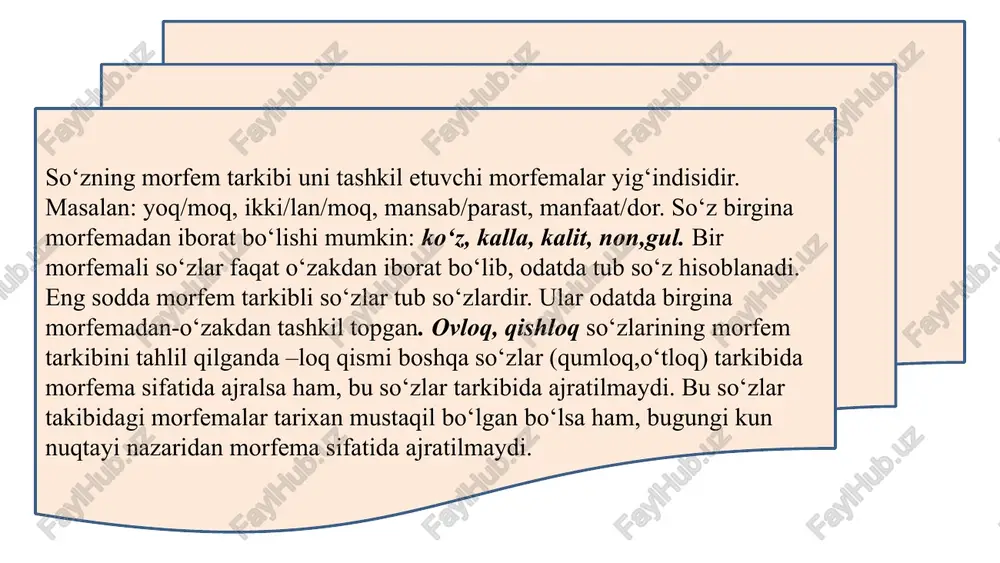 og‘lama 4. shaxs-son, 5. zamon, 6. mayl munosabat shakllari birlik ko‘plik i shaxs -m/-im -miz/-imiz ii shaxs -ng/-ing -ngiz/-ingiz iii shaxs -si/-i -(lar)i i. egalik shakllari bosh - kitob qaratqich -ning kitob-ning tushum -ni kitob-ni jo`nalish -ga kitob-ga o`rin-payt -da kitob-da chiqish -dan kitob-dan ii. kelishiklar shakllari birlik ko‘plik i shaxs -man -miz ii shaxs -san -siz iii shaxs -dir -dir iii. bog‘lamalar o‘tgan hozirgi kelasi -gan -yap -a -(i)b -moqda -y -di -(a)yotir -(a)r -(a)yotib -s -moqchi iv. zamon shakllari birlik ko‘plik i shaxs -y/-ay -(a)ylik ii shaxs -gin -(i)ng, (i)ngiz iii shaxs -sin -sinlar 1) shart mayli: -sa 2) buyruq istak mayli: v. mayl shakllari e’tiboringiz uchun tashakkur! image9.jpg image10.png image11.jpg image4.png image5.png image8.jpeg /docprops/thumbnail.jpeg