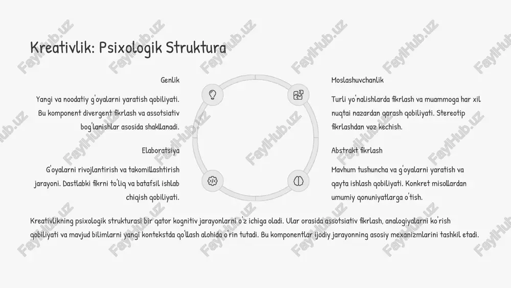 rament tipi va ijodkorlik o'rtasidagi bog'liqlik murakkab xarakterga ega. har bir temperament turi o'ziga xos ijodiy kuchli tomonlarga ega bo'lishi mumkin: xoleriklar - tezkor ijodiy faoliyat, yorqin g'oyalar sangviniklar - ko'p qirrali kreativlik, kommunikativlik flegmatiklar - chuqur ishlab chiqilgan g'oyalar melanxoliklar - emotsional chuqurlik, noyob yondashuvlar xarakter xususiyatlari ba'zi xarakter xususiyatlari ijodkorlikni faollashtirishi mumkin: mustaqillik va avtonomiya ochiqlik va yangi tajribalarga tayyorlik qiziquvchanlik va bilishga intilish riskka tayyorlik va qat'iyatsizlikni qabul qilish murakkablikka bardoshlilik shu bilan birga, konformizm va qat'iy tartibga bo'ysunish ijodkorlikni chegaralashi mumkin. individual psixologik farqlar ijodiy faoliyatning nafaqat uslubi, balki uning yo'nalishi va samaradorligiga ham ta'sir ko'rsatadi. kreativlikni rivojlantirishda shaxsiy psixologik profilni hisobga olish muhim ahamiyatga ega. 8 kreativlik va intellekt intellekt asosi bazaviy aqliy qobiliyatlar kreativlik uchun zarur, lekin yetarli emas individual farqlar zonasi o'rtacha va yuqori intellekt darajasida kreativlik ko'rsatkichlari katta farqlanishi mumkin yuqori individual potentsial intellekt va kreativlikning uyg'unligi eng yuqori natijalarni beradi intellekt …