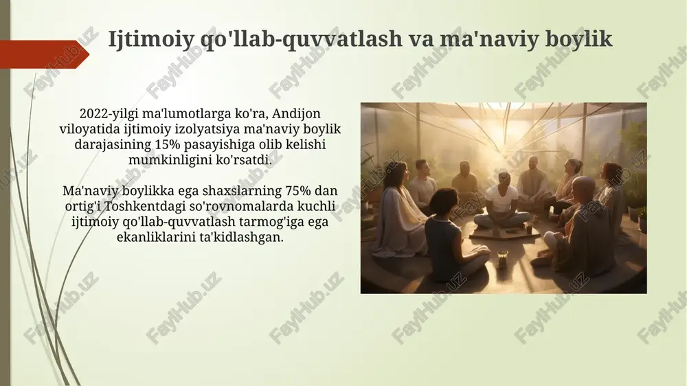 rajada rivojlanganligi kuzatilgan. ijtimoiy psixologiyada ma'naviyatning roli ma'naviyatning yuqori darajasi, 2018 yilda aqshning michigan shtatida o'tkazilgan tadqiqotlarga ko'ra, ijtimoiy qo'llab-quvvatlash va hamkorlikning kuchayishiga olib keladi, bu esa 15% ga sog'lom turmush tarzini oshiradi. o'zbekistondagi 3 ta universitetda o'tkazilgan so'rovnomalar natijalariga ko'ra, ma'naviyat darajasi yuqori bo'lgan talabalarning o'z-o'zini hurmat qilish koeffitsienti 1,8 ballga yuqori. ma'naviy boylik va kelajak istiqbollari ma'naviy boylikning 5 ta asosiy tarkibiy qismi – vijdon, mehr-oqibat, adolat tuyg'usi, mas'uliyat va imon – shaxsning ijtimoiy moslashuvchanligini 30% ga oshirishi ilmiy jihatdan isbotlangan, xususan toshkent shahrida o'tkazilgan tadqiqotlar shuni ko'rsatdi. ma'naviy-axloqiy tarbiya dasturlarini joriy etish natijasida, 10 yil ichida farg'ona vodiysidagi yoshlar orasida huquqbuzarlik darajasi 15% ga kamayganligi kuzatildi, bu ma'naviy boylikning ijtimoiy barqarorlikdagi ahamiyatini ko'rsatadi. ma'naviy amaliyotlarning ta'siri samarqanddagi 150 nafar talabalar ustida olib borilgan eksperiment shuni ko'rsatdiki, kundalik meditatsiya amaliyoti diqqatni jamlash qobiliyatini 15% va emotsional ahamiyatini 10% ga yaxshilaydi. 2018 yilda o'tkazilgan meta-tahlil, dunyoning 10 ta mamlakatida …