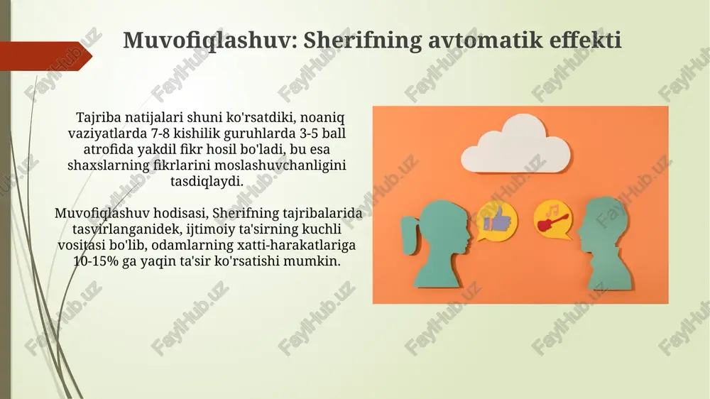 rning 85% dan ortig'i bu ta'sirga tushish ehtimoli yuqori ekani aniqlandi. katta guruhlardagi 20-30 kishilik tajribalarda, samqot shahrida o'tkazilgan tadqiqotlar ko'rsatishicha, kamchiliklar ta'siriga uchragan shaxslarning 70% ga yaqini o'z fikrlarini boshqalarning fikriga moslashtirishga moyil ekanligi aniqlangan. ommaviy axborot vositalarining ta'siri aqshdagi 2016-yilgi saylovlarda “soxta yangiliklar” tarqalishining 70% dan ortigʻi ijtimoiy tarmoqlar orqali amalga oshirilgan boʻlib, saylov natijalariga sezilarli ta'sir koʻrsatgan. televizion reklamalar orqali iste'molchilarning xarid qilish qarorlariga ta'siri boʻyicha oʻtkazilgan 1500 kishilik namunaviy soʻrovnoma natijalariga koʻra, 45% reklamadan ta'sirlanganligini bildirgan. ishonch va ishontirish o'zbekiston aholisining 60% dan ortig'i reklama ta'siriga moyil bo'lib, bilvosita ta'sir usullaridan (masalan, ijtimoiy dalillar, obro'-e'tibor) foydalanish, samarqanddagi marketing tadqiqotlariga ko'ra, yuqori natijalar beradi. istisnosiz ta'sir usullaridan (masalan, buyruq, tahdid) foydalanish, psixologik jihatdan 20 dan ortiq salbiy oqibatlarga olib kelishi mumkin, natijada toshkentdagi tajribalar shuni ko'rsatdiki, ishonch darajasi keskin pasayadi. ko'pchilik ta'siri va ijtimoiy isbotlash ijtimoiy ta'sir va isbotlashning samaradorligi, guruh a'zolarining o'zaro bog'liqligi va ularning ijtimoiy …
