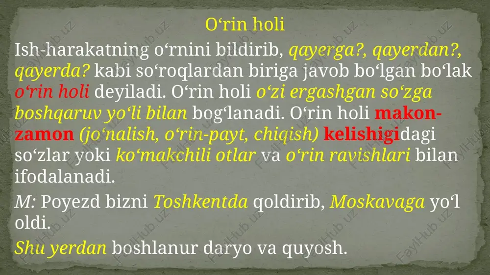 a?, kimdan?, nimadan?, kim uchun?, nima uchun?, kim haqida?, nima haqida?, kim bilan?, nima bilan? kabi so‘roqlarga javob bo‘luvchi so‘zlar vositali to‘ldiruvchilar deyiladi. vositali to‘ldiruvchilar jo‘nalish, chiqish, ba’zan o‘rin-payt kelishiklari qo‘shimchalarini yoki uchun, bilan, orqali, xususida, to‘g‘risida kabi ko‘makchilarini olgan so‘zlar (yoki so‘z birikmasi) bilan ifodalanadi. m: beshga uchni qo‘shsak, sakkiz bo‘ladi. chizmani kitobdan daftarga ko‘chirdim. aniqlovchi gapning biror bo‘lagini aniqlab kelgan ikkinchi darajali bo‘lak aniqlovchi deyiladi. aniqlovchi qanday?, qaysi?, nechanchi?, qancha?, nechta?, kimning?, nimaning? so‘roqlaridan biriga javob bo‘ladi. aniqlovchi aniqlagan (bog‘langan) bo‘lak aniqlanmish deyiladi. aniqlovchi narsa-buyumning rang-tusi, mazasi, hajmi, kim yoki nimaga qarashli ekanligini bildiradi. aniqlovchi ega, ot-kesim, to‘ldiruvchi yoki holga bog‘lanadi. aniqlovchi gap ichida har doim otga yoki otlashgan so‘zga bog‘lanadi. m: bahaybat samolyot (ega) yerga ohista qo‘ndi. salimjon – a’lochi o‘quvchi. (ot-kesim) ilg‘or ishchilarga (to‘ldiruvchi) mukofotlar topshirildi. mehnat faxriylari bilan yangi bog‘da (hol) uchrashdik. eslatma: aniqlovchilarning bir xili narsa-buyumning belgisini bildirsa, boshqa xili narsa buyumning kimga yoki …