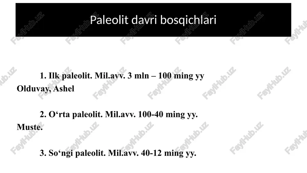 muzliklar paleolit davrida qalinligi 1, 2 km va undan ortiq bo‘lib goh kengayib, goh torayib turgan. muzlikning siljishi jarayonida muzlik yotqiziqlari vujudga kelgan va u morenalar deb atalgan. uning ichida gil, qum qatlamlari, harsang tosh va shag‘allar bo‘lgan. vyurm bosqichida muzlik keng hududlarni egallamagan. bu davrda o‘rta osiyoning tog‘li zonalarida muzliklar hosil bo‘lgan. pasttekisliklarda esa yomg‘irlar uzluksiz yog‘ib, ko‘l va daryolar hosil bo‘lgan. havo goh sovub, goh iliq bo‘lib turgan. odamlar tabiiy sharoitga moslashib, boshpana sifatida g‘orlarni o‘zlashtirganlar va tabiiy olovdan foydalana boshlaganlar. ibtidoiy odamlar barcha g‘orlarda ham yashamaganlar. odatda tagi tuproqli, quyosh nuri tushadigan, buloq suvi yaqin, ovchilik va termachilik qilishga qulay g‘orlarda yashaganlar. olduvay davri makonlariga ko‘ra, ashel davri makonlari ko‘proq topilgan. bu davr odamlarining u davrga nisbatan ko‘paya boshlaganidan darak beradi. termachilikning ahamiyati pasayib, ovchilik ahamiyati oshgan. yashash uchun kurash odamlarni birlashtirgan. bir tomondan yirik hayvonlarni to‘da bo‘lib ovlash zarur bo‘lgan bo‘lsa, ikkinchi tomondan g‘orlarni o‘zlashtirish jarayonida …