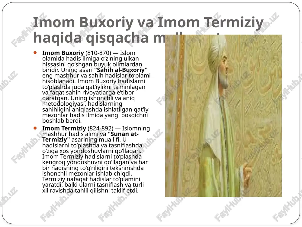 uzviyligi: hadisning sanad zanjiri uzluksiz bo‘lishi kerak edi, ya’ni har bir raviy o‘zidan oldingi raviydan hadisni to‘g‘ri ravishda eshitgan bo‘lishi zarur edi. hadisning mazmuni: mazmuni to‘g‘ri, qur’on va payg‘ambar (s.a.v.)ning boshqa hadislariga mos kelishi kerak. imom termiziy va uning hadis ilmiga qo‘shgan hissasi imom termiziy (824-892) — hadis ilmining buyuk olimlaridan biri, asosan "sunan at-termiziy" asari bilan tanilgan. u termiz shahrida tug‘ilgan va o‘z ilmiy faoliyatini madinada davom ettirgan. imom termiziy hadislarni yig‘ish, tasniflash va o‘rganish bo‘yicha o‘ziga xos yondoshuvni qo‘llagan. u, asosan, hadislarning sanadiga, ya’ni raviylar zanjiriga katta ahamiyat bergan. termiziy hadislarning ishonchliligini aniqlashda o‘zining metodologiyasini ishlab chiqdi va hadislarni turli kategoriyalarga ajratgan. sunan at-termiziy: hadislar to‘plami va uning ilmiy ahamiyati imom termiziyning "sunan at-termiziy" asari, islomning to‘rtta asosiy hadis to‘plamlaridan biri hisoblanadi. bu to‘plamda 4,000 dan ortiq hadis keltirilgan. sunan at-termiziydagi hadislar nafaqat sahih, balki turli xil mazmundagi hadislarni o‘z ichiga oladi. termiziy, hadislarni yig‘ishda faqat sahih bo‘lganlarni …