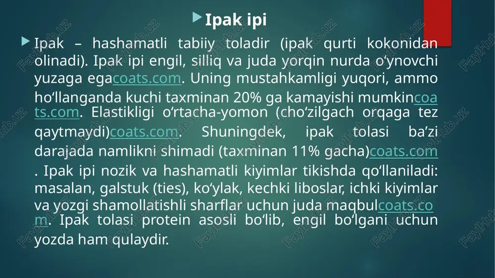 m (gidrofob, suv singdirmaydi)coats.com qo‘llanish: keng qo‘llaniladigan koʻp funksiyali ip – kiyim tikish (ko‘ylak, shim, kurtka), uy-ro‘zg‘or buyumlari (ko‘rpa, yostiq) va sanoat mahsulotlari (parashyut, tog‘ kamarlari) uchun idealdircoats.com neylon ipi neylon (poliamid) sintetik ip mustahkamligi va elastikligi bilan mashhur. u yuqori cho‘ziluvchanlikka ega va ishqorgali moddalar, mil-dekparning himoyasiga chidamlicoats.com. neylon ipini “buyumdorshilik ipi” deb ham atashadi: u ko‘p marotaba qisilib-yaynalash xususiyatiga ega. shuningdek, u juda zarbador va yorilishishdan saqlaydi. estetikda neylon ipi yorqin porloq bo‘lishi mumkin. neylon asosan og‘ir mebellar va yashash xonalari uchun – masalan, parket va yumshoq mebel tikishda (pardoz kostryulkalari, sumka paynomalari), shuningdek sport uskunalari (parashyut, ro‘ppiya, to‘lanadigan tarmoqlar) uchun ishlatiladicoats.com. mustahkamlik: nihoyatda yuqori (kuchli sinishga va ob-havo ta’siriga chidamli)coats.com elastiklik: yuqori (katta cho‘ziluvchanlik va tez tiklanish)coats.com yumshoqlik: mo‘’tadil (ip bardoshli, biroz qattiqroq) yaltirash: porloq varianti ham mavjud (teri bilan ishlov berilishi)coats.com namlikni yutish: past (nayslon deyarli suv olmadi) qo‘llanish: kuchli va elastik tovarlarni tikishda – masalan, …