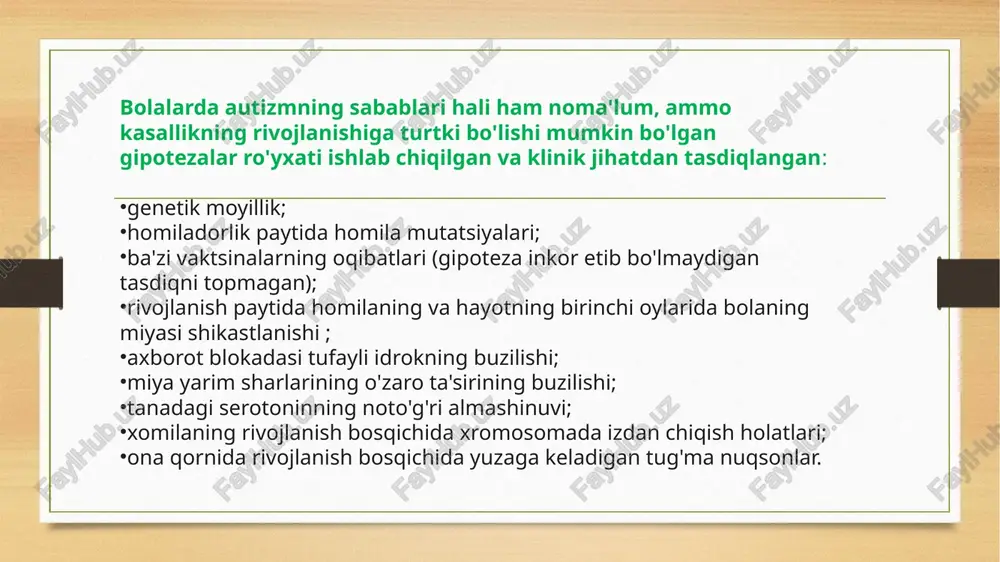darajasini ko‘rsatuvchi eng muhim omillardandir. bunday bolalarda mavjud bo‘lgan iqtidor, kuzatuvchanlik, xotira va ijodiy fikrlash kabi jihatlarni rivojlantirish uchun ota-ona, pedagog va mutaxassislarning hamkorligi zarur. muhimi, autizmli bolaga “boshqacha” emas, “o‘ziga xos” bola sifatida qarashdir. faqat shundagina ular o‘z salohiyatini to‘liq namoyon etib, jamiyat hayotida faol, baxtli va muvaffaqiyatli insonlar sifatida o‘z o‘rnini topadilar. image5.png image6.png image7.jpeg image8.jpeg image9.jpeg image10.jpeg image11.jpeg media1.mp4 image12.jpeg image13.jpeg image3.png image4.png /docprops/thumbnail.jpeg