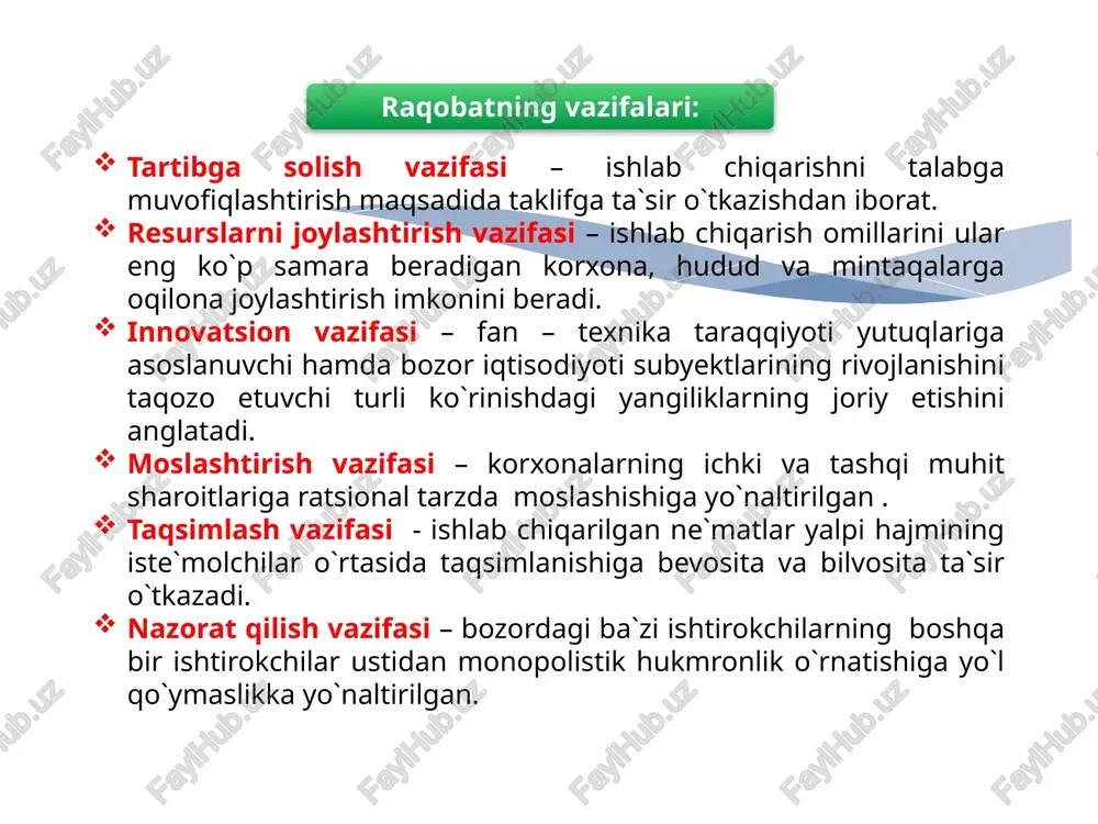 mda qadoqlash usullari tovarlar jozibadorligini oshirish va sotish hajmining ko`payishini rag`batlantirishning muhim yo`llari hisoblanadi. marketing –uning vositasida mahsulot ishlab chiqarish va sotish jarayonini talabga moslashtirishga harakat qilinadi. 2. monopoliyalarning iqtisodiy asoslari va ularning turlari. monopoliya – iqtisodiy faoliyatning biror sohasida (ishlab chiqarish, xizmat ko`rsatish, tijorat va h.k.) korxona yoki davlatning tanho hukmronligini ifodalaydi. monopoliyalarning kelib chiqish sabablari: kapitalning to`planishi va markazlashish. fan – texnika taraqqiyoti. davlatning ayrim faoliyat sohalarini qo`llab – quvvatlashi. o`zaro kelishish. monopoliyaning turlari bozorni qamrab olish darajasiga ko`ra: sof monopoliya, oligopoliya, monopsoniya farqlanadi. sof monopoliya – tarmoqdagi yagona ishlab chiqaruvchi yoki sotuvchining narx va ishlab chiqarish hajmini belgilashdagi yakka hukmronlik holati hisoblanadi. masalan: >dak, > dak, toshkent aviatsita ishlab chiqarish birlashmasi. oligopoliya – tarmoqdagi bir necha yirik ishlab chiqaruvchi yoki sotuvchining narx va ishlab chiqarish hajmini belgilashdagi hukmronlik holati hisoblanadi. masalan: o`zbekistonda sement (asosan bekobod,quvasoy, ohangaron, navoiy shaharlarida joylashgan) va h.k. monopsoniya – tarmoqdagi ishlab chiqaruvchi yoki …
