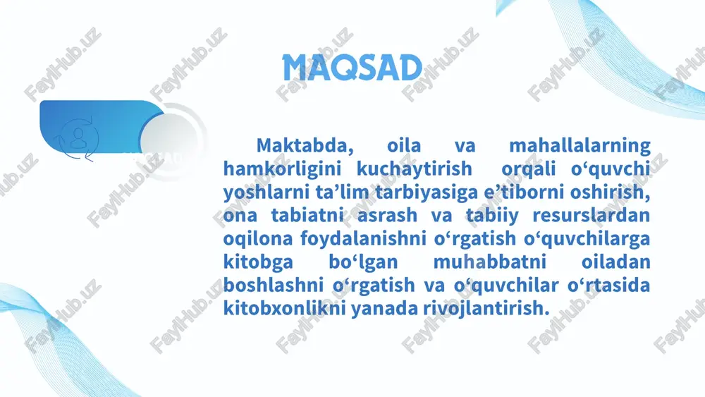 xonalarni shakillantirishimiz lozim qiyosiy tahlil etilganligi xulosa maktablarda eko taym loyihasini resbublika miqiyosida shakllantirish maktabda o‘quvchilarni kitobga qiziqishini oshirish maqsadida hamkor tashkilotlar viloyat, shahar(tuman) kutubxonalari ishtirokida har haftaning juma kunida ,,eng yaxshi kitobxon” ko‘rik tanlovini o‘tkazish va shu asosda eng kitobxon o‘quvchi loyihasini joriy etish taklif eko school loyihasi respublikaning barcha hududlari ya’ni viloyatlar va tuman maktablarida ham shakllantirilishi kerak. bu o‘quvchi yoshlarni ona tabiatni asrashga va yashil makon eko tizimni yaratishda, tabiiy resurslardan oqilona foydalanishga o‘rgatadi. biz asosiy e’tiborni oilaviy kitobxonlik madaniyatiga qaratishimiz lozim. mamlakatimizning barcha hududlaridagi maktablariga hozirgi zamon talablariga mos ravishda elektron kutubxonalarni shakllantirishimiz lozim.bu esa yoshlarimizni ya’ni maktab o‘quvchilarini kitobga bo‘lgan qiziqishini oshiradi. t/r muammo muammoning yechimini amalga oshirish mexanizmi masʼullar muddati natija 1 maktab rahbariyati, oila ya'ni ota-onalar bilan farzand tarbiyasi xususida tizimli ishlarni amalga oshirish maktabda mahalla faollari ishtirokida otalar yig‘ilishini (surxondaryo tajribasi har haftaning shanba kuni) muntazam o‘tkazish direktor, mmibdo‘, o‘tibdo‘, psixolog, sinf …