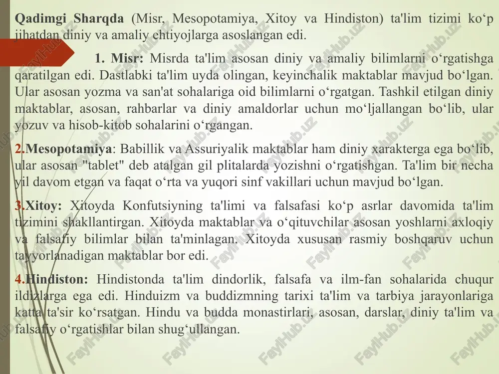 i cheklanib qo’yilgan emas edi. qullar xususiy mulk hisoblanar edi. bu yerda taraqqiy etgan edi. tibbiyot ilmi matematika xaykaltaroshlik san’at me’morchilik tarix afinada kabi maktab turlari mavjud edi. bolalar 7 yoshgacha oilada tarbiyalanganlar. 7 yoshdan o’g’il bolalar maktabga borishgan. qizlar esa oilada ona ko’magida uy- ro’zg’or ishlariga o’rgatilgan. afinada bolalar dastlab 7 yoshdan 13-14 yoshgacha «grammatist», (savod o’qitish ma’nosida), «kifarist» (grekcha musiqa o’qituvchisi ma’nosida) maktablarda tahsil olganlar. bu maktablar xususiy bo’lib, xaq to’lanar edi, shuning uchun fuqarolarning bolalari bu maktablarda ta’lim ololmas edilar. o’g’il bolalar 13 - 14 yoshga yetganlaridan keyin «polestra» kurash maktabi deb atalgan o’quv yurtiga o’tar edilar. bu o’quv yurtida ular 23 yil davomida jismoniy mashqlar bilan shug’ullanar edilar. masalan: sakrash, yugurish, kurash tushish, disk va nayza irgitish mashqlari va suvda suzish o’rgatilgan. grammatist polestra efeb gimnasiy demos spartadagi kabi afina maktablarida ham o’quvchilar bilan siyosiy va axloqiy masalalarda suhbatlar o’tkazilgan, o’qish tekin bo’lgan. «gimnasiy» maktabida polestra …