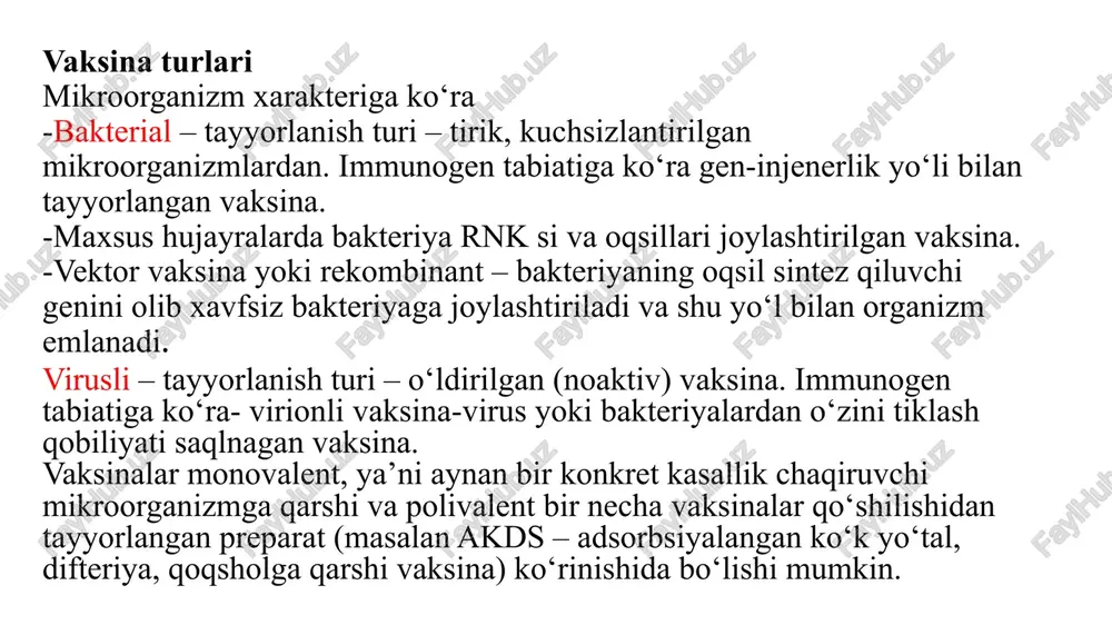 rdamida burma hosil qilib ushlanadi va shu joyga shprits iganasi kirgiziladi. bu usul bilan yuborilayotgan vaksina preparatining aniq dozalarini yuborish samarali jihatlaridan hisoblanadi. sunʼiy passiv immunitet organizmning himoya faoliyatini oshirish, koʻzda tutilgan tegishli yuqumli kasallikka qarshi chidamlilik yoki boshlangan kasallikning kechishini yengillashtirish maqsadida qilinadi.v bir qancha yuqumli kasalliklar gepatitv, sil, boʻgʻma, qoqshol, koʻkyoʻtal, qizamiq, tepki, poliomiyelit ga qarshi rejali ravishda; ayrim yuqumli kasalliklar (gripp, ich terlama, kuydirgi, tulyaremiya va boshqalar)ga qarshi esa epidemiologik zaruriyat boʻyicha emlanadi emlash poliklinikalarda yoki emlash markazlarida maxsus tayyorlangan tibbiyot xodimi tomonidan vrach nazoratida oʻtkaziladi. bolani emlashdan avval uning gavda harorati oʻlchanadi va qanday kasalliklar bilan ogʻriganligi soʻrab surishtiriladi; vrach bolani sinchiklab tekshirib, uni emlash mumkin yoki mumkin emasligini aniqlaydi. yurak qon-tomir, markaziy nerv sistemasi kasalliklaridan tuzalgan yoki surunkali kasalliklari bor bolalar tegishli mutaxassislar koʻrigidan oʻtganidan soʻng emlanishi lozim. bola emlanganda baʼzan kuchli reaksiya yuzaga keladi, shuning uchun emlangandan keyin u maʼlum bir vaqt davomida vrach …