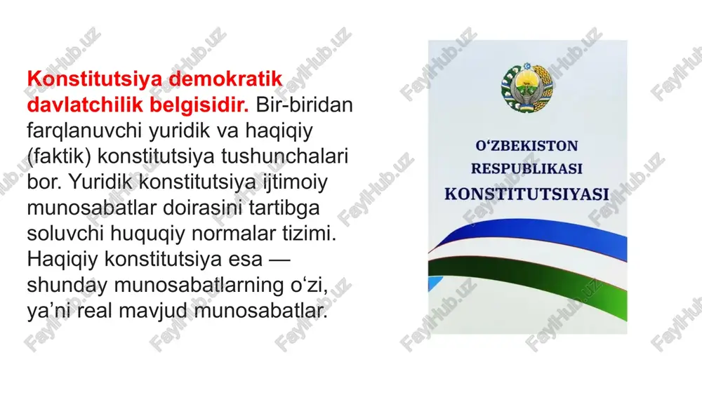 iritish toʻgʻrisida“gi qonun qabul qilindi. oʻzgartirishga koʻra, oʻzbekistonda sud tizimi quyidagilardan iboratligi belgilandi: oʻzbekiston respublikasi konstitusiyaviy sudi; oʻzbekiston respublikasi oliy sudi; harbiy sudlar; qoraqalpogʻiston respublikasi sudi, viloyatlar va toshkent shahar sudlari; qoraqalpogʻiston respublikasi maʼmuriy sudi, viloyatlar va toshkent shahar maʼmuriy sudlari; fuqarolik ishlari boʻyicha tumanlararo, tuman, shahar sudlari; jinoyat ishlari boʻyicha tuman, shahar sudlari; tumanlararo, tuman, shahar iqtisodiy sudlari; tumanlararo maʼmuriy sudlari e`tiboringiz uchun raxmat !!! image1.jpeg image2.png image3.png image4.png image5.png image6.png image7.png image8.jpeg image9.png image10.png image11.jpeg image12.jpeg image13.png image14.png image15.png /docprops/thumbnail.jpeg