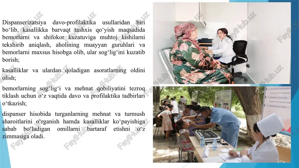 irligini kamaytirish va ishni to‘g‘ri tashkil etish kerak. oyoq qon tomirlarining varikoz kengayishi. novvoy, na zoratchi, temirchi usta, harf teruvchi va to‘quvchilarda uzoq tik turish yoki yurish natijasida patologik holatlar kelib chiqishi mumkin. bu kasb lardagi ishchilar oyoqlarida vena qon tomirlari ning kenga yib ketishi kuzatiladi. ayollarda vena qon tomirlari ning kenga yishi ko‘proq uchrashi mehnat shoroitlaridan tashqari homiladorlik, tug‘ish, yurak-qon tomir kasalliklariga ham bog‘liq. buning oldini olish uchun ishchilarga o‘tirib ishlash imkonini yaratish, jismoniy mashqlar va tibbiy ko‘riklar tashkil qilish kerak. miopiya - bunda ishchilarda uzoqni ko‘ra olmasilik yuzaga keladi. bu kasallik mayda detallarni yig‘uvchilar, soatsozlar, o‘ymakorlar, zargarlar, chizmakashlar, harf teruvchilar va boshqalarda uchraydi. kasallik bu ishlarda uzoq vaqt ishlagandan keyin namoyon bo‘ladi. oldini olish uchun yoritilganlik ning me’yorida bo‘lishi, tanaffuslar ning joriy qilinishi, ishni to‘g‘ri tashkil etish, ish jarayonini o‘zgartirib turish kerak bo‘ladi. image1.jpg image2.jpg image3.jpg image4.png image5.jpg image6.png image7.jpg image8.png /docprops/thumbnail.jpeg
