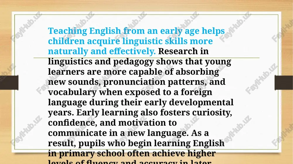 glish early tend to perform better not only in language subjects but also in other academic areas. in conclusion, the influence of early english learning extends far beyond language skills. it supports personal growth, boosts confidence, enhances intellectual ability, and opens the door to global opportunities. therefore, introducing english at the primary school level is a powerful tool for developing well-rounded, competent, and globally minded individuals. thank you for your attention !!! image5.png image6.png image7.png image8.png image9.png image10.png image11.png image3.png image4.png /docprops/thumbnail.jpeg