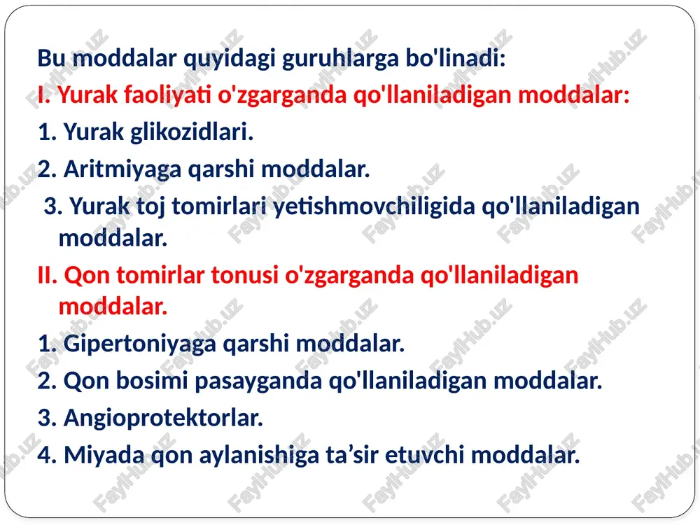 gangliylarni bloklash hamda yurakda simpatik nerv ta’sirlarni kamaytirish xususiyatiga ega, modda paroksizmal taxikardiya xurujlarini, qorinchalar ekstrasisitoliyasi, titroq aritmiyalarning oldini olish va davolash uchun; yurakda, yirik qon tomirlarda, o'pkada o'tkaziladigan jarrohliklarda yurakni notekis urishining oldini olish uchun qo'llaniladi. lidokain guruhi — lidokain, difenin, membranalarga kaliy ionlari o'tkazuvchanligini oshiradi, membranalarni mustahkamlaydi, avtomatizmni, diastolik depolyarizatsiya tezligini kamaytiradi. avtomatizmni purkine tolalarida, qorincha mushaklarida pasaytiradi, shu tufayli ektopik o'choqlarning qo'zg'aluvchanligi kamayadi. harakat potensialini, samarali refrakter davmi bir oz kamaytiradi. yurak qisqaruvchanligiga, gemodinamikaga ortiqcha ta’sir ko'rsatmaydi, vagolitik xususiyatlari yo'q. lidokain mahalliy anesteziyalovchi ta’sir etadi, toj tomirlarni bir oz kengaytiradi hamda kaliyni saqlaydi. kaliy moddalari — kaliy xlorid, panangin, asparkam. ma’lumki, kaliy hujayralar ichida joylashgan asosiy ion hisoblanadi. aritmiyalarda hujayralar ichida kaliy ionlari kamayib ketadi, aritmiyani davolashda o'rinbosar sifatida kaliy moddalari qo'llaniladi. kaliy ionlari yurakka atsetilxolinga o'xshab ta’sir etib, yurak urishi tezligini, yurakning qisqaruvchanligini, o'tkazuvchanligini, qo'zg'aluvchanligini, avtomatizmini kamaytiradi. kaliy xlorid kaliy kamayishi tufayli kelib chiqqan paroksizmal taxikardiya …