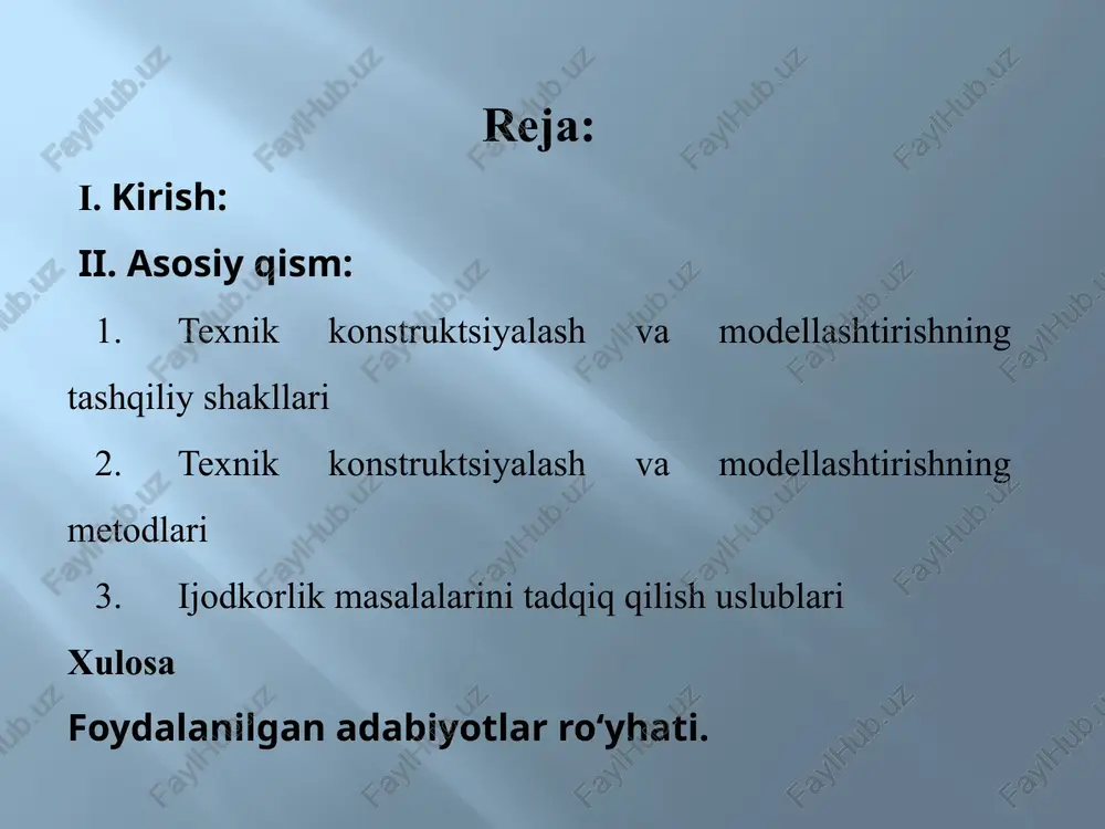 izayn.-t.: «iqtisod -moliya» 2009. 4.a.o’mirov, a.qayumov “mashinasozlik texnologiyasi” t.: “o’zbekiston” 2003 yil. 5.s.a.yuldashbekov, b.k.muhamedjanov “mexanizm va mashinalar nazariyasi” t.: “voris-nashriyot” 2006 yi 6.m.a.babajonov “texnologik jarayonlarni loyixalash” cho’lpon nomidagi nashriyot-matbaa ijodiy uyi toshkent 2009 yil. e’tiboringiz uchun rahmat! media1.mp3 image2.png image3.png image4.png image5.png image6.png image7.png image8.png image9.png image10.png image11.png image12.png image13.png image14.png image15.png sono (sefon.me) sono (sefon.me) domenico curcio 184.59142 /docprops/thumbnail.jpeg