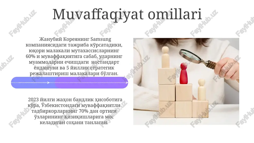 yta ko'rib chiqish, o'zgaruvchan mehnat bozoriga moslashish va muvaffaqiyatga erishish ehtimolini oshiradi. o'zbekistondagi 2023-yilgi statistik ma'lumotlarga ko'ra, it sohasidagi kasblarga talab 30% ga oshgan, bu yoshlarga yuqori malakali mutaxassis bo'lish imkoniyatini beradi. ishga bo'lgan munosabat ishga munosabatni shakllantirishda psixologik omillar, masalan, motivatsiya darajasi (50% dan yuqori) va professional maqsadlar aniqligi (taxminan 30%) kabi muhim rol o'ynaydi, bu esa ish samaradorligi va mehnat unumdorligiga bevosita ta'sir ko'rsatadi. ishga bo'lgan salbiy munosabatning asosiy sabablari orasida past ish haqi (50% dan ortiq respondentlar tomonidan ta'kidlangan), ish joyidagi noqulay sharoitlar va professional rivojlanish imkoniyatlarining cheklanganligi (taxminan 25%)ni qayd etish mumkin. karyera rejalashtirish 2023-yil ma'lumotlariga ko'ra, evropa mamlakatlarida karyera rejalashtirish bo'yicha 5 yillik dasturlar soni 15% ga ko'paygan, bu esa individual yondashuvning ahamiyatini ta'kidlaydi. karyera rejalashtirish jarayonida shaxsiy qobiliyatlarni aniqlash uchun psixologik testlardan foydalanish samaradorligi 75% ga yetadi, ayniqsa, aqshdagi tadqiqotlar shuni ko'rsatmoqda. kelajakdagi istiqbollar 2050-yilga borib, o'zbekistonda it sohasidagi mutaxassislarga bo'lgan talab 3 baravar …