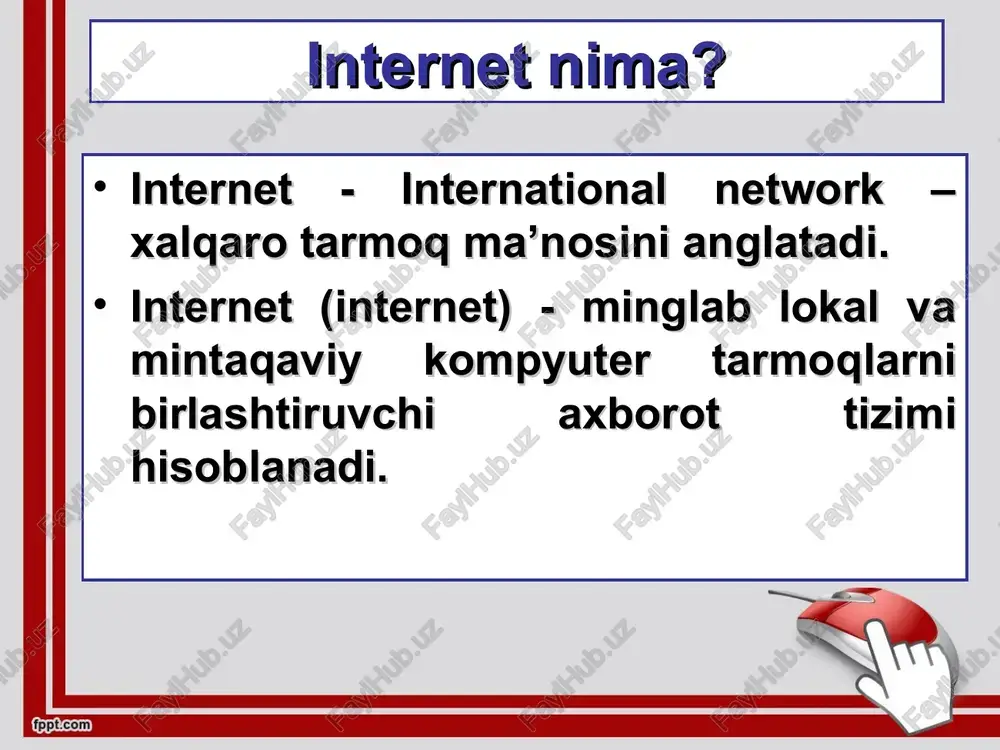 tashkilotlar .it italiya .info informatsion saytlar .jp yaponiya .biz biznes .cn xitoy * * elektron pochta (e-mail) vasya@mail.ru kommercheskoe «at» «sobachka» (rossiya) «koshechka» (polsha) «roza» (turkiya) john@yahoo.com www.yahoo.com smtp smtp pop3 pop3 pochta serveri pochta qutisi pochta serveri pochta qutisi @ www.mail.ru pochta serveri * o'zbekiston milliy internet resurslari www.uz – milliy axborot qidiruv tizimi umail.uz – milliy elektron pochta xizmati ziyonet.uz – axborot ta'lim tarmog'i uforum.uz – muhokama webportali edu.uz – o'zbekiston ta'lim portali aci.uz - o'zbekiston aloqa va axborotlashtirish agentligi portali mtrk.uz – milliy teleradiokompaniya websayti brauzerlar * * mundarija brauzer nima? internet explorer mozilla firefox safari google chrome opera maxton foydalanish statistikasi * brauzer nima? web-brauzerlar web-saytlarni qidirish va ko’rib chiqishdan tashqari ularni qayta ishlash, chop etish va bir sahifadan boshqasiga o‘tishni ta’minlovchi dasturiy ta’minotdir. * internet explorer windows internet explorer - microsoft korporatsiyasi tomonidan 1995 yildan beri ishlab chiqarilayotgan brauzerdir. u windows operatsion tizimi tarkibiga kiritilgan. …