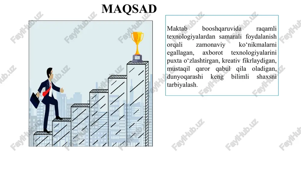 ilarni tayyorlash: raqamli texnologiyalarni samarali qo‘llash bo‘yicha o‘qituvchilar uchun keng ko‘lamli treninglar va malaka oshirish kurslari o‘tkazilishi kerak. bu o‘qituvchilarning zamonaviy texnologiyalardan foydalanish malakalarini oshiradi. raqamli infratuzilmani rivojlantirish: maktablarni yuqori tezlikda ishlaydigan internet, zamonaviy kompyuterlar va boshqa raqamli vositalar bilan ta'minlash zarur. bu o‘quv jarayonining sifat- samaradorligini oshiradi. mas’uliyatni oshirish: ota-onalarning maktab ta’limiga oid raqamli texnologiyalaridan foydalanib, farzandlarining o‘zlashtirishini, yutuq va kamchiliklarini uzluksiz kuzatib borishni kuchaytirish. bu ota-onalar bilan maktab hamkorligini yanada oshiradi. takliflar 1 4 maktab boshqaruvini takomillashtirish hamda soddalashtirishga yordam beradigan platformani yaratish va bu orqali boshqaruv tizimini avtomatlashtirish. maktab boshqaruvida sun`iy intellektni qo`llash orqali samarali ta`lim tizimini yanada ilg`or darajaga olib chiqishga erishish. o`quvchilarni bilim, ko`nikma va malakalarini oshirish uchun virtual laboratoriyalarni ko`paytirish. virtual reallikni tadbiq qilish maktablarda vr-ko`z oynaklardan foydalanish. raqamli texnologiyalarni joriy etishda xalqaro ta'lim muassasalari bilan hamkorlik qilish va tajriba almashish dasturlarini tashkil etish. amalga oshirish chora-tadbiri muammo muammoning yechimini amalga oshirish mexanizmi mas’ullar …