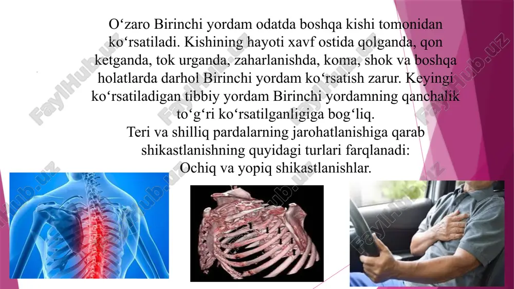 atlar ta'sirida shikastlanishlar, yer qimirlash, sel kelish va hokazo, turmushda urush-janjallar oqibatida uchraydigan shikastlanishlarga bo'linadi. 2.ishlab chiqarish bilan bogliq bo'lgan shikastlanishlar, ko'pincha sanoat korxonalarida va qishloq xo’jaligida ko'proq uchraydi. 3.qasddan qilingan shikastlanishlar; harbiy holatlarda, o'z-o'zini o'ldirish, birovni qasddan o’ldirish va hakazo farqlanadi. peritonit — qorin pardasing yallig‘lanishi, bolalar yoshida ko‘p uchraydigan xirurgik kasallikdir. peritonit bugungi kunda bolalar ostida uchrash ehtimoli vaqt oʻtgan sari ortib bormoqda. peritonitni keltirib chiqaruvchi sabablar turlicha bo‘lib, qorin bo‘shlig‘i aʼzolarining yorilishi yoki jarohatlanishi hamda gematogen va kriptogen (noaniq) yo‘l bilan infeksiya organizmga tushib, qorin pardani yallig‘lantiradi. klinikasi peritonitda qusish, suyuq ich ketishi oqibatida, qorin bo‘shlig‘iga suyuqlik va elektrolitlarning to‘planishi va ichakda parez alomatlari kuzatiladi. bundan tashqari, nafas olishning tezlashishi (o‘pka orqali), haroratning ko‘tarilishi — teri orqali ko‘p miqdorda suyuqlik va tuzlarni yo‘qotishga sabab bo‘ladi. agar qusish orqali ko‘p miqdorda kaliy va xlor tuzlari chiqsa, bu metabolik alkaloz holatini tezlashtiradi. davosi appendikulyar peritonitni davolashda operatsiyaga tayyorlash, operatsiya …