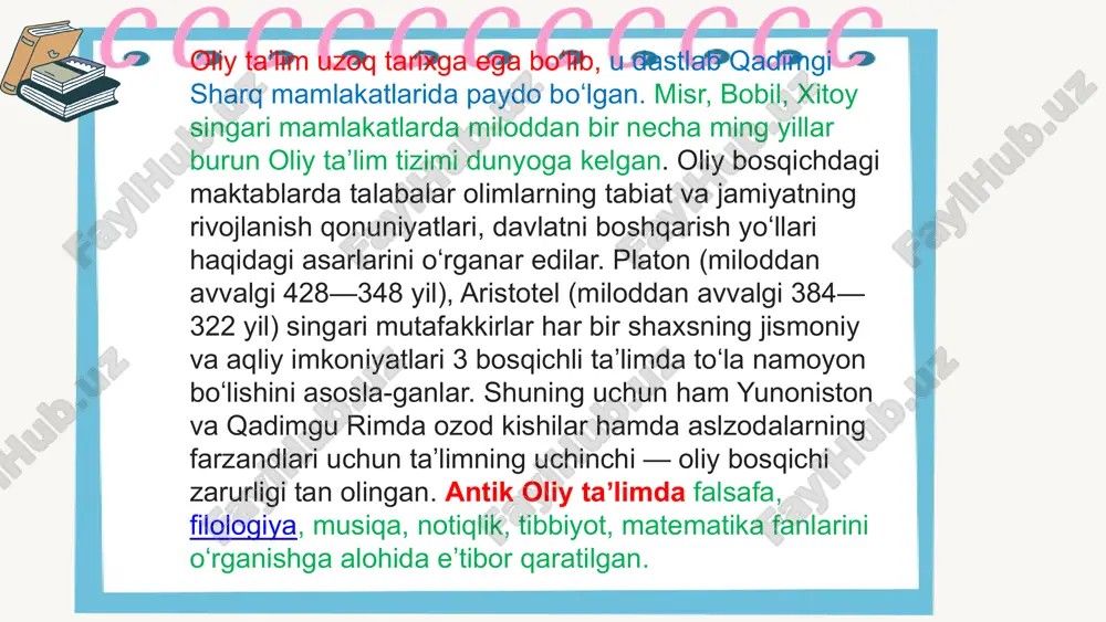 nasi 1602-yil tashkil etilgan. universitetitda 14 mingga yaqin talaba taʼlim oladi milan davlat universiteti "muqaddas yurak katolik universiteti" (università cattolica del sacro cuore, ucsc) italiyaning eng yirik oliy o'quv yurtlaridan biri bo'lib, milan shahrida joylashgan. 1924 yilda tashkil etilgan va katolik universiteti hisoblanadi. ucsc turli yo'nalishlarda bakalavriat, magistratura, doktorantura va aspirantura dasturlarini taklif etadi - ta'lim, tibbiyot, arxitektura, huquqshunoslik, san'at va gumanitar fanlar, iqtisodiyot va moliya, axborot texnologiyalari va boshqalar.universitet boshqa mamlakatlar universitetlari va xalqaro tashkilotlar bilan hamkorlik qiladi. e`tiboringiz uchun raxmat !!! image21.svg image1.jpeg image2.png image15.svg image3.png image17.svg image4.png image19.svg image5.png image99.svg image10.png image101.svg image6.png image93.svg image7.png image95.svg image8.png image97.svg image9.png image11.png image12.png image35.svg image59.svg image15.png image13.png image57.svg image14.png image16.png image17.png image18.png image19.png image20.png image79.svg image21.png image22.png image23.png image24.png image25.png image103.svg /docprops/thumbnail.jpeg