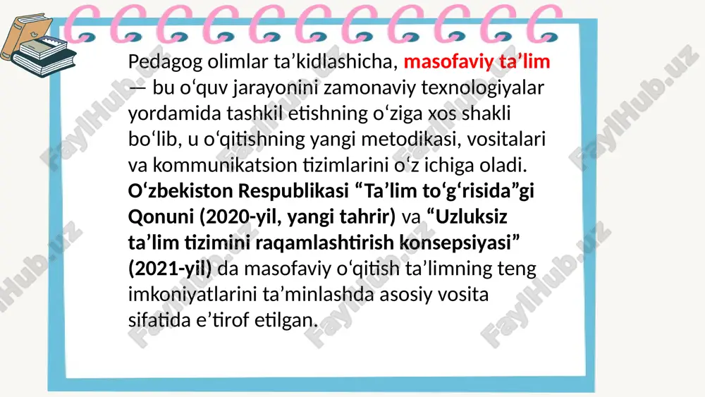 hishda muhim rol o‘ynaydi. uzluksiz ta’lim tizimi o‘z mohiyatiga ko‘ra insonning butun umri davomida ta’lim olishini ta’minlovchi kompleks tizim bo‘lib, uning samaradorligi ko‘p jihatdan raqamli va masofaviy o‘qitish mexanizmlarining sifatiga bog‘liqdir. shu sababli, masofaviy va onlayn ta’limni takomillashtirish istiqbollari bir necha ilmiy-amaliy yo‘nalishlarda namoyon bo‘ladi. zamonaviy ta’lim texnologiyalarini samarali qo‘llash uchun o‘qituvchilar raqamli pedagogika asoslarini mukammal egallashlari lozim. raqamli pedagogika — bu axborot texnologiyalari vositasida shaxsning bilim olish faoliyatini boshqarish, tahlil qilish va rivojlantirishga qaratilgan ilmiy yo‘nalishdir. mutaxassislar (anderson t., siemens g., polat e.s.) ta’kidlashicha, masofaviy ta’limda konstruktivizm, konektivizm va blended learning (aralash ta’lim) yondashuvlari o‘quv samaradorligini oshiruvchi eng muhim metodik asoslar hisoblanadi. o‘zbekiston oliy ta’lim muassasalarida “raqamli didaktika” kurslarini joriy etish orqali o‘qituvchilarning metodik kompetensiyasini oshirish istiqbollari kengdir. masofaviy ta’limning samaradorligi, eng avvalo, o‘quv platformalarining sifatiga bog‘liq. shu sababli, milliy elektron ta’lim tizimlarini yaratish va ularni xalqaro standartlarga moslashtirish muhim ahamiyatga ega. bugungi kunda o‘zbekistonda ziyonet, edumarket, moodle, google …