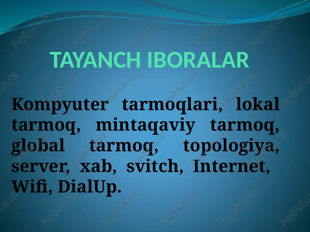 k tolali yoki boshqa). 3. gprs orqali (uyali telefonlarga). 4. radio to’lqin orqali. 5. sun’iy yo’ldosh orqali. adabiyotlar ro’yhati: 1.aripov m. va boshqalar informatika va informatsion texnologiyalar. oliy o’quv yurti talabalari uchun darslik t. 2005 y. 2.aripov m. internet va elektron pochta asoslari.- t.; 2000 y. 3.yuldashev u.yu , boqiev r.r., zokirova.f.m. informatika.- kasb – hunar kollejlari uchun darslik t, 2002 y. 4.kompyuternie seti. uchebniy kurs: ofitsialnoe posobie microsoft dlya samostoyatelnoy podgotovki. per. s. angl. -2 izd., –m; «russkaya redaktsiya», 1999 5.rahmonqulova s. internetda ishlash asoslari. – t.2001 y. image4.png image5.png image6.png image7.png image8.jpeg image9.jpeg image10.jpeg image11.jpeg image2.jpeg image3.png image12.jpeg image13.jpeg image14.png image15.png /docprops/thumbnail.jpeg