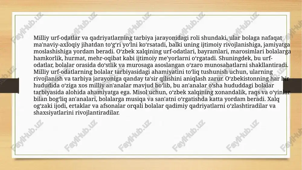lar — bolalarga o‘rnak bo‘lishi mumkin. bu janrlar, bolalar ongida qadriyatlarni shakllantirish, axloqiy saboqlarni berish va madaniy merosni yetkazish imkoniyatini taqdim etadi. o‘zbek ertaklari ko‘plab axloqiy tamoyillarni, do‘stlik, adolat, mehr-oqibat kabi qadriyatlarni o‘z ichiga oladi. bu asarlar bolalarga haqiqatni anglashga yordam beradi, xatoliklardan o‘rganishga va to‘g‘ri yo‘lni tanlashga undaydi. xalq og‘zaki ijodi bolalarning qiziqishini uyg‘otadi, ularni o‘rgatishning o‘ziga xos usuli sifatida taqdim etiladi. bolalar ertaklarni tinglab, ularning ichidagi darslarni anglaydi. masalan, bir ertakda qahramon yomonlikka qarshi kurashib, yaxshi natijaga erishsa, bola bu voqeani o‘z hayotida qabul qilib, o‘zining axloqiy tanlovlarini shakllantiradi. shu tarzda, xalq og‘zaki ijodi orqali bolalar o‘ziga mos ijtimoiy me'yorlarni o‘rganadi, o‘zligini tanish va jamiyatda muvaffaqiyatga erishish yo‘llarini anglaydi. shuningdek, an'anaviy o‘yinlar ham milliy qadriyatlarni o‘rgatishda muhim ahamiyatga ega. o‘yinlar, bolalarga o‘zaro munosabatlarni o‘rgatish, qo‘llanilayotgan xalq an'analarini turli shakllarda amalda o‘rganish imkoniyatini yaratadi. o‘yinlar jarayonida bolalar, nafaqat ko‘ngilochar va fiziki rivojlanishga erishishadi, balki turli ma'naviy qadriyatlarni ham o‘zlashtiradilar. …