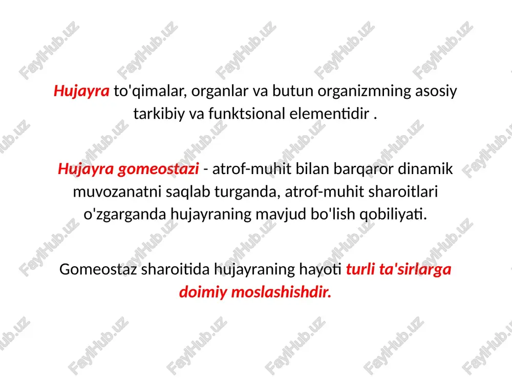 barqaror sonini saqlaydigan oddiy hodisa. patologik sharoitda apoptoz apoptoz jarayoni shikastlangandan keyin tiklana olmaydigan hujayralarni olib tashlaydi, shu bilan qo'shni to'qimalarga zarar yetkazishni cheklaydi. hujayra shikastlanishining sabablari gipoksiya - bu aerob nafas olishning kamayishi orqali hujayralarning shikastlanishiga olib keladigan kislorod etishmasligi. sabablari: - qon oqimining pasayishi - qonning kislorod bilan ta'minlanmaganligi (yurak-nafas etishmovchiligi, qonning kislorodni tashish qobiliyati) jismoniy omillar: - mexanik shikastlanish - issiqlik effektlari - atmosfera bosimining keskin o'zgarishi - radiatsiya - elektr toki kimyoviy moddalar va dorilar - kislotalar, ishqorlar - ionlar, kislorod, karbonat angidridning to'planishi yoki etishmasligi - atrof-muhitni ifloslantiruvchi moddalar, insektitsidlar va gerbitsidlar, zararli sanoat moddalari va boshqalar. infektsion agentlari: bakteriyalar, viruslar, zamburug'lar, protozoa. immunitet reaktsiyalari otoimmün kasalliklarda o'z hujayralari va to'qimalariga zarar etkazish reaktsiyalari. trofik buzilishlar - noto'g'ri ovqatlanish (oqsil-energiya etishmovchiligi, vitamin etishmasligi) - ortiqcha ovqatlanish (semizlik, ortiqcha xolesterin) genetik kasalliklar tug'ma nuqsonlar, tug'ma metabolik kasalliklar. funktsional va morfologik o'zgarishlar dastlabki bosqichlarda yoki o'rtacha zarar …