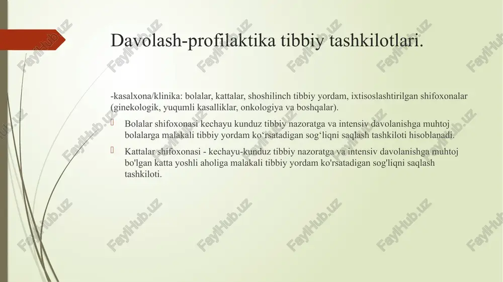 rsatish. bemorlarni dastlabki maksimal tekshirish bilan statsionar davolanishga muhtoj shaxslarni o'z vaqtida kasalxonaga yotqizish. surunkali kasalliklar va shikastlanishlar oqibatlari bilan og'rigan bemorlarni reabilitatsiya qilish. aholini tibbiy ko'rikdan o'tkazish: sog'lom va kasal odamlarni tanlash, ularning sog'lig'ini dinamik nazorat qilish, malakali tekshiruv va kompleks davolash, zarur profilaktika choralarini ishlab chiqish. o'smirlarning (ishchilar, talabalar) salomatlik holatini dinamik kuzatish, terapevtik va dam olish tadbirlarini amalga oshirish. bemorlarning vaqtinchalik va doimiy nogironligini tekshirish. doimiy nogironlik belgilari bo'lgan shaxslarni msega yuborish. profilaktik tekshiruvlarning barcha turlari (ish joyiga kirishda dastlabki, davriy, maqsadli va boshqalar). epidemiyaga qarshi choralar (emlashlar, yuqumli bemorlarni aniqlash, ularni va bemorlar bilan aloqada bo'lganlarni kuzatish va boshqalar). aholi o'rtasida sanitariya-ma'rifiy ishlar, aholini gigiyenik tarbiyalash. sog'lom turmush tarzini targ'ib qilish. klinika faoliyati bo'yicha statistik ma'lumotlarni hisobga olish va tahlil qilish, umumiy kasallanish, boshqa sog'liqni saqlash ko'rsatkichlarini tahlil qilish, rejalashtirish. poliklinikaning ishiga yordam berish uchun hududdagi mahalla faollarini jalb qilish. tibbiyot xodimlarining malakasini oshirish. tug`ruq majmuasi, …